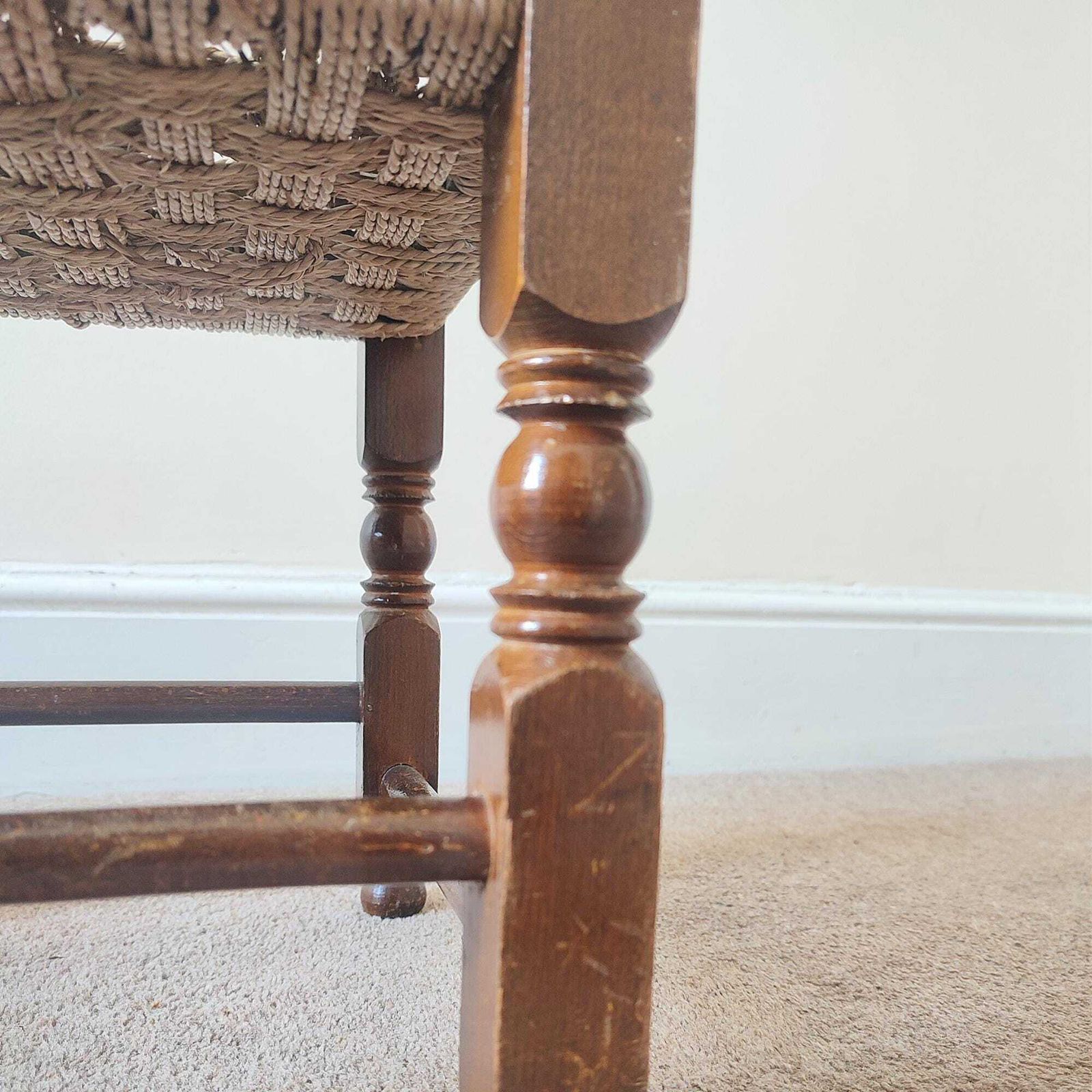 photo furniture Vintage Rush Stool, Low Oak Footstool, Woven Seat, Rustic French Farmhouse, Country Cottage Decor