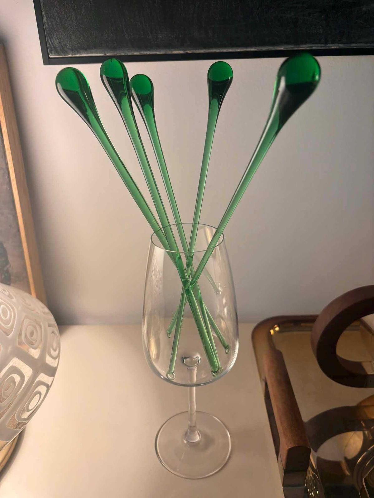 226.0 Vintage Murano Glass Cocktail Stirrers: Hand Blown Italian Swizzle Sticks, 1950s Green Bar Decor photo