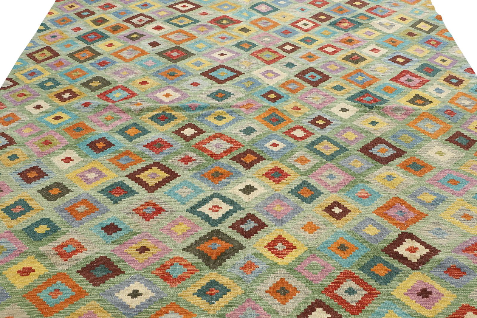 7x10 Green Geometric Kilim Flatweave Large Area Rug photo for sale