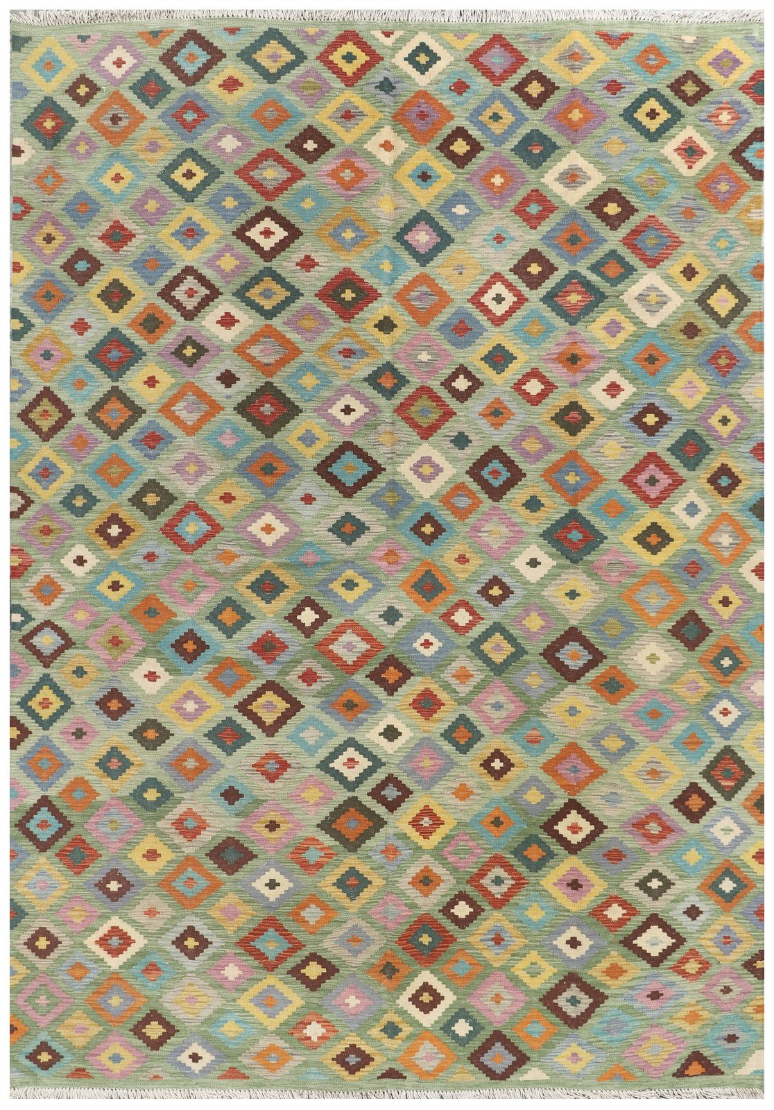 7x10 Green Geometric Kilim Flatweave Large Area Rug
