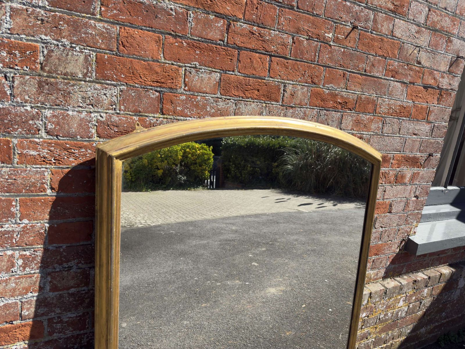 A Superb Large Antique English 19th C Shaped Top Gilt Overmantle Mirror. photo for sale