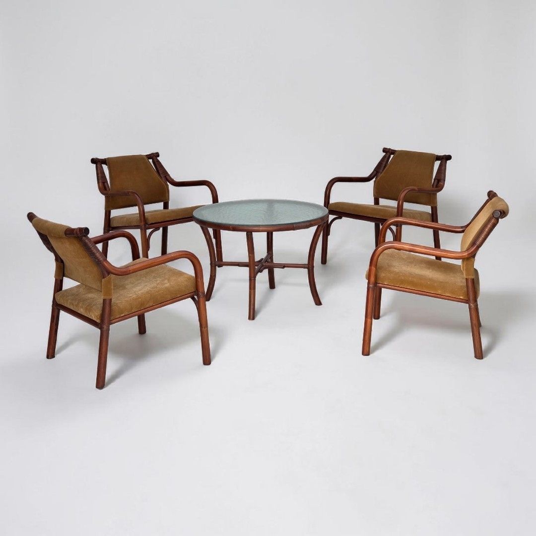 1970s, Danish Coffee Armchairs Set, Rattan, Nubuck Fabric.