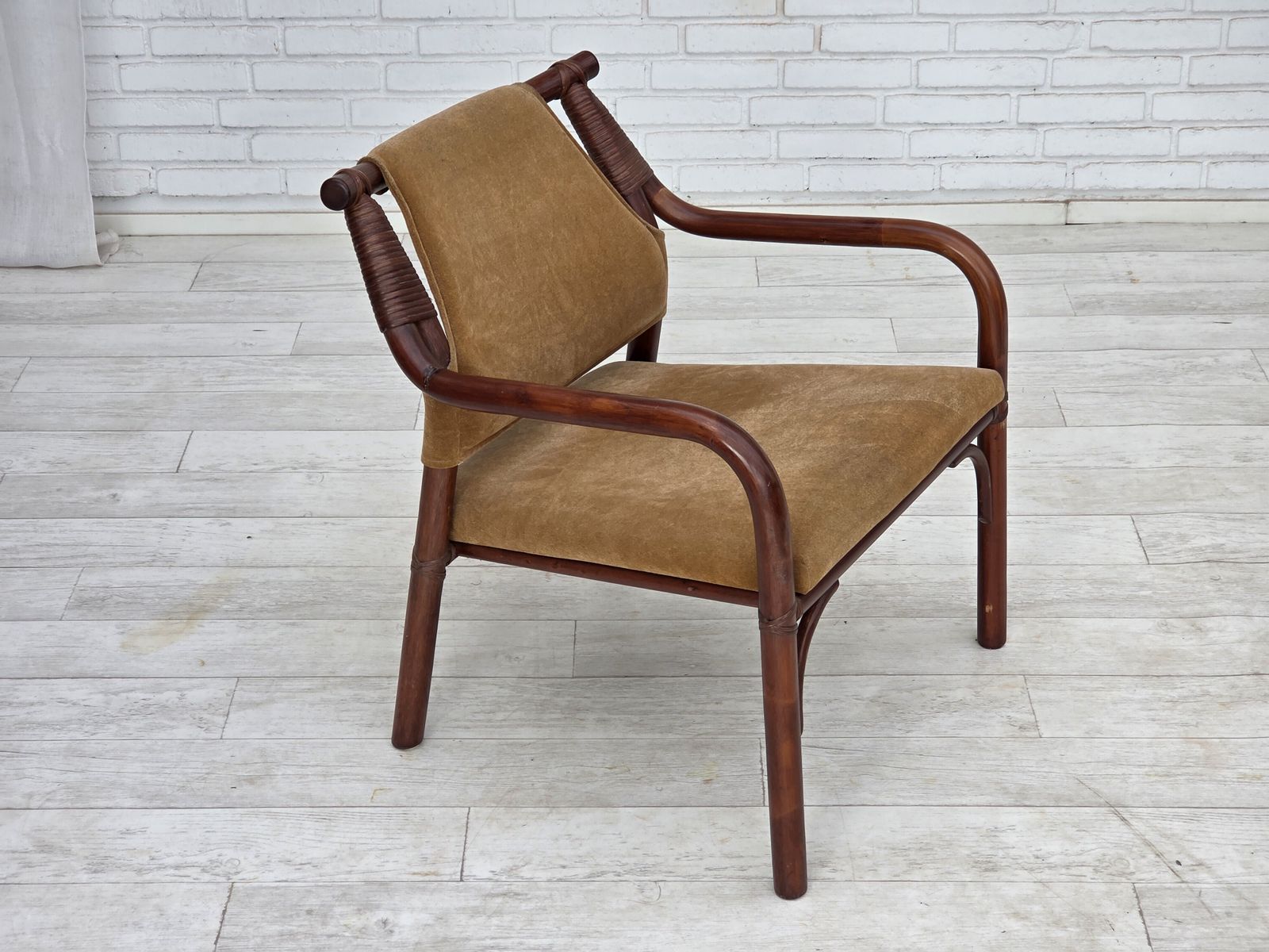 1970s, Danish Coffee Armchairs Set, Rattan, Nubuck Fabric. photo for sale
