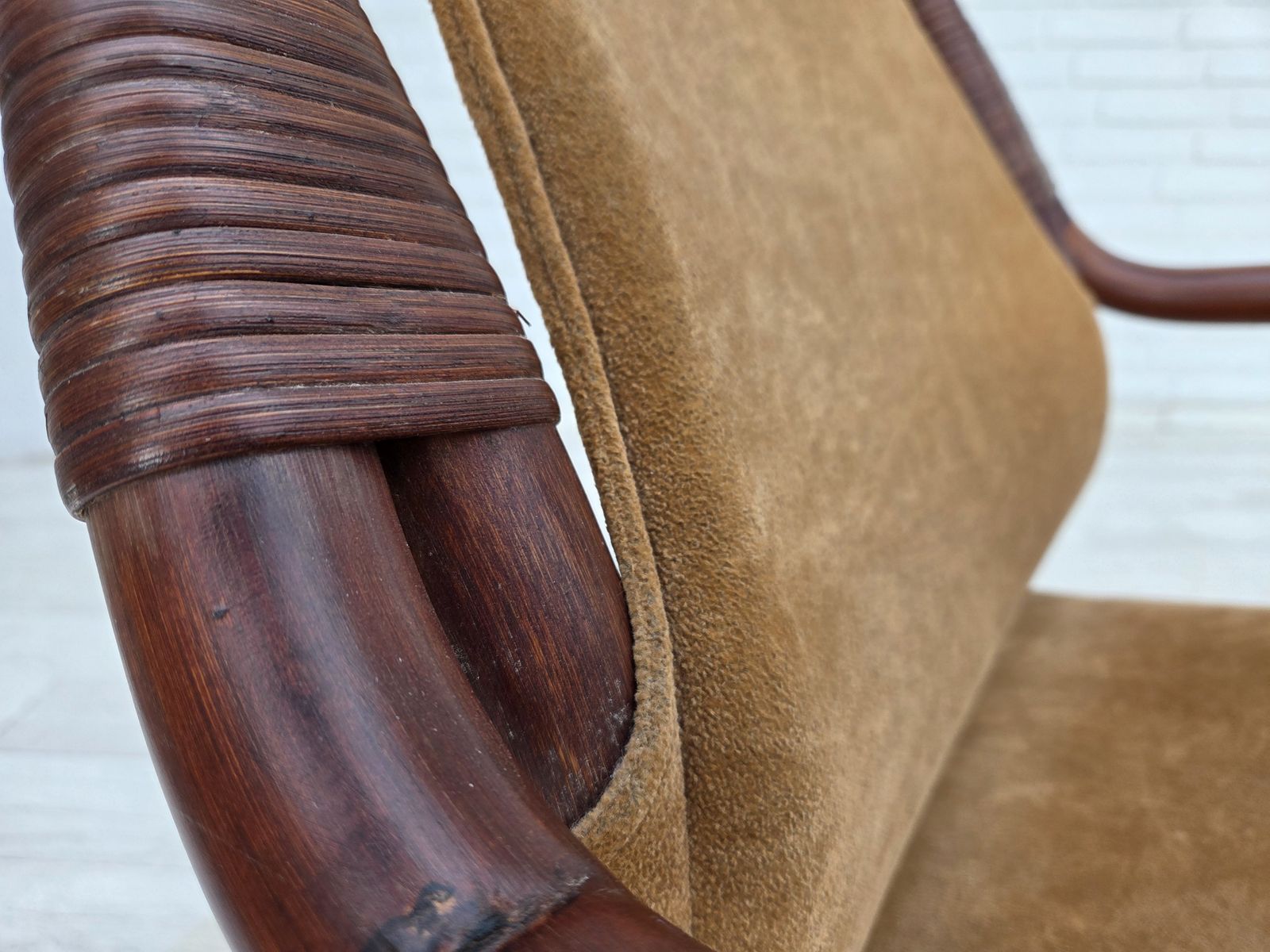 1970s, Danish Coffee Armchairs Set, Rattan, Nubuck Fabric. photo vintage