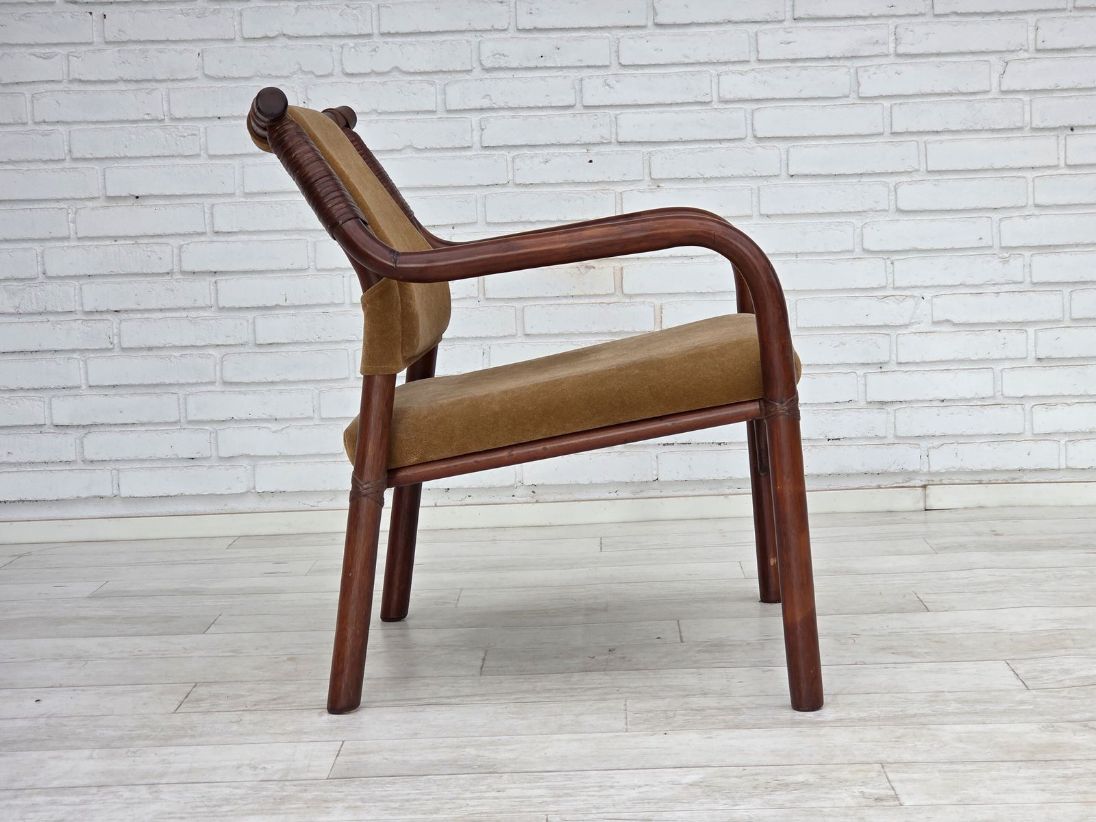 photo for sale 1970s, Danish Coffee Armchairs Set, Rattan, Nubuck Fabric.
