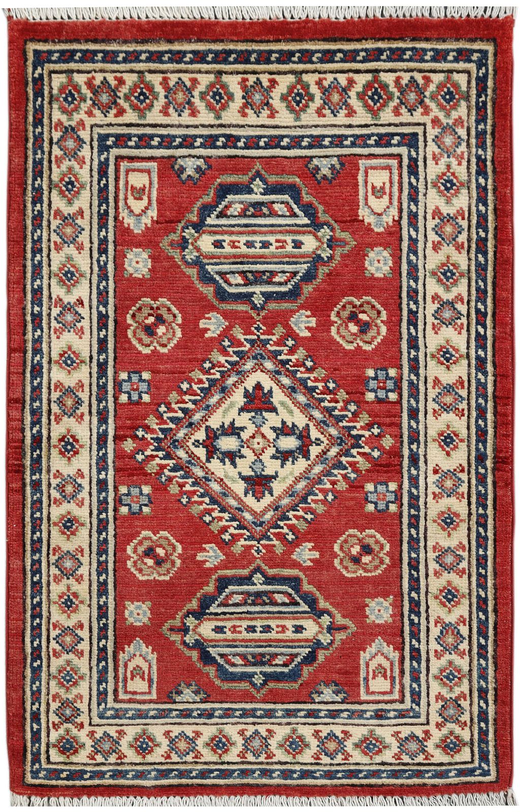 Small Red And Ivory Kazak Afghan Traditional Rug