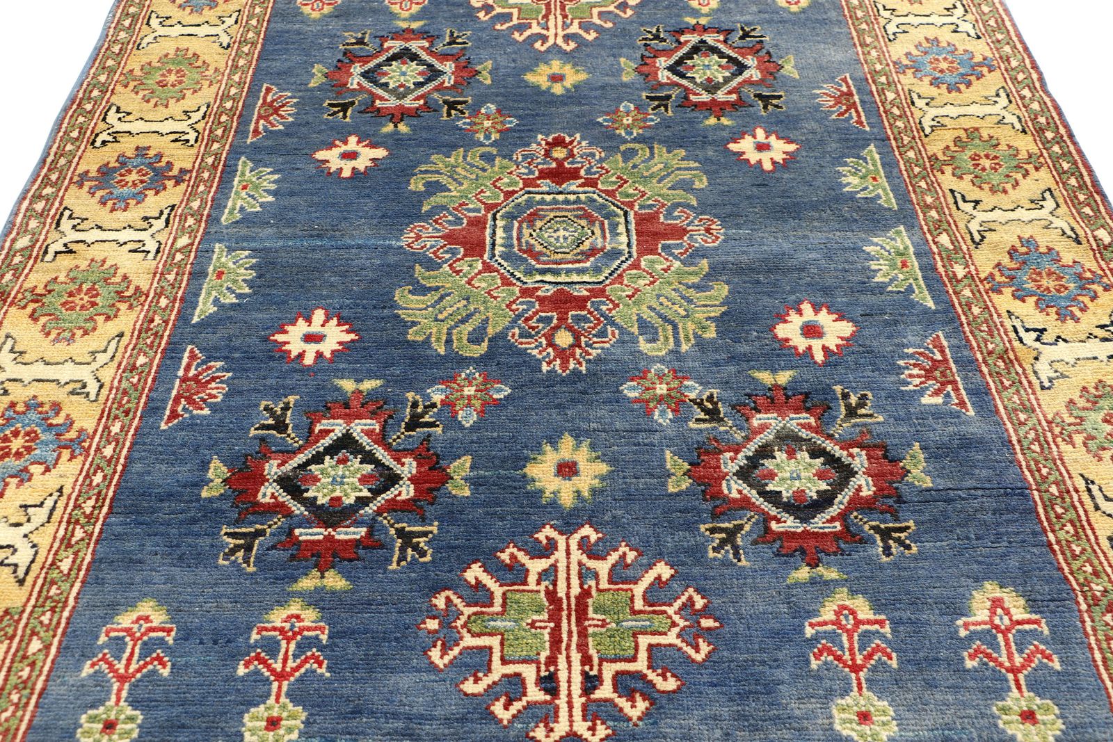 4x6 Blue And Gold Kazak Boho Handmade Living Room Bedroom Rug photo for sale