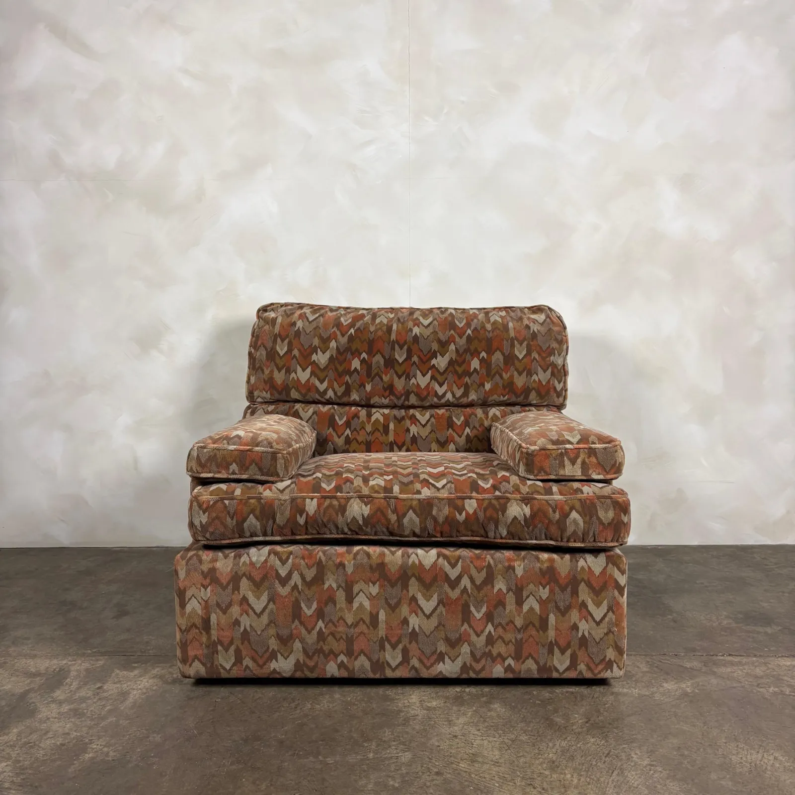 1980s Armchair & Footstool Geometric Patterned Post Modern Mid Century Retro Mcm photo vinterior