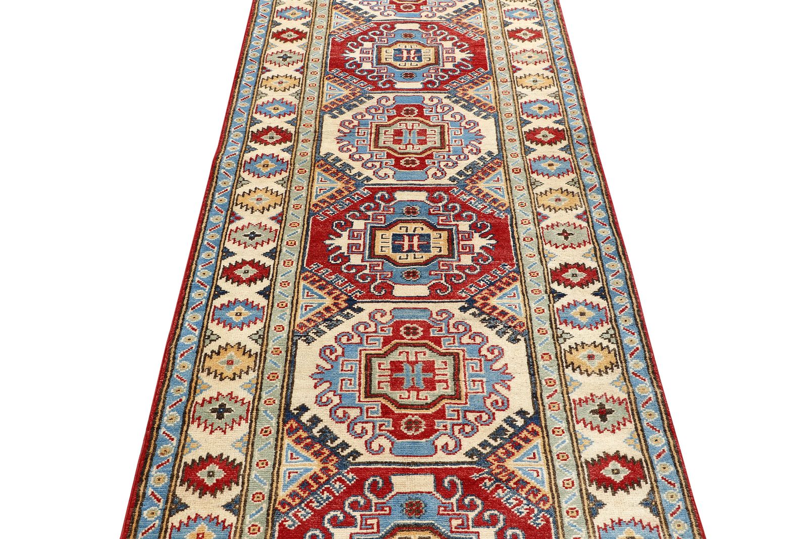 10 Ft Kazak Traditional Geometric Wool Runner Rug photo for sale