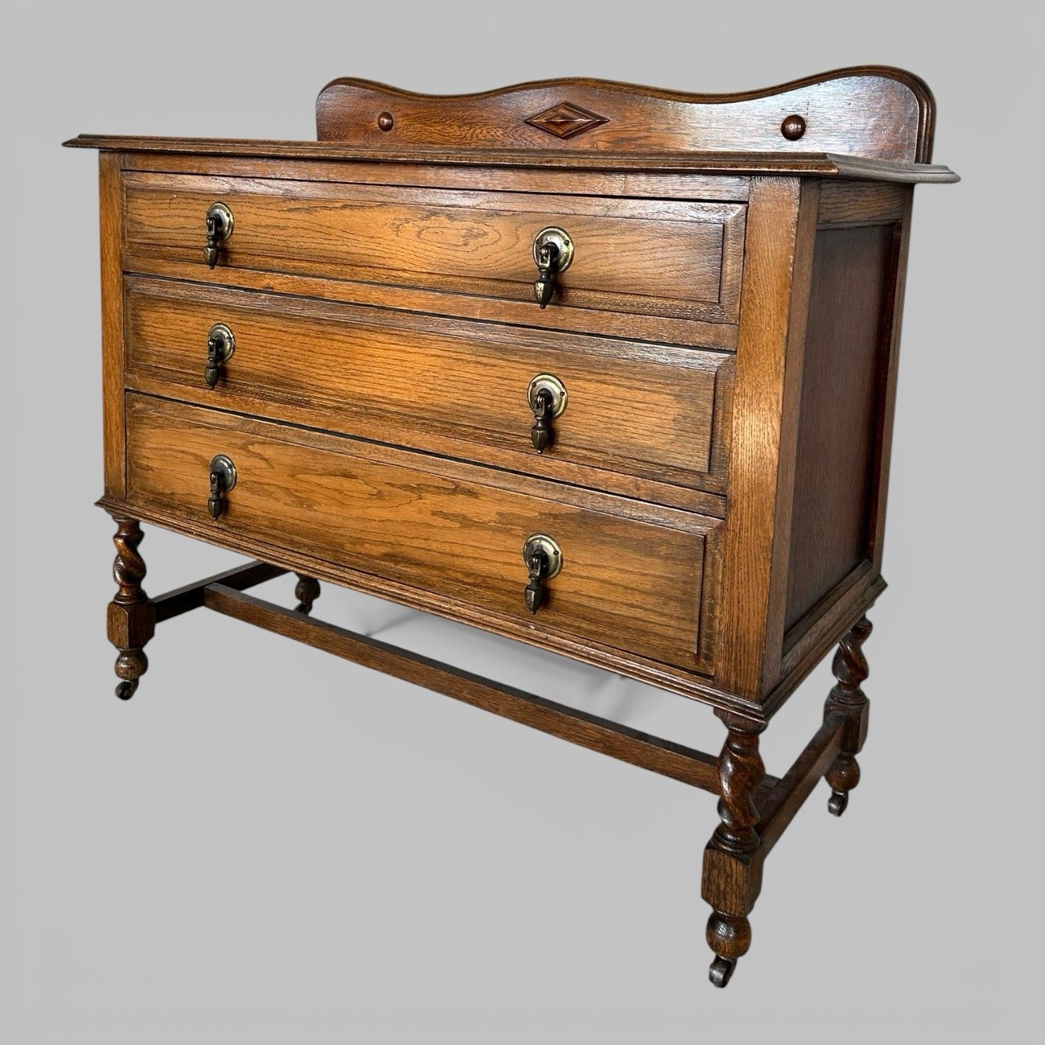 Ed Wardian Oak Three Drawer Chest On Barley Twist Legs photo furniture