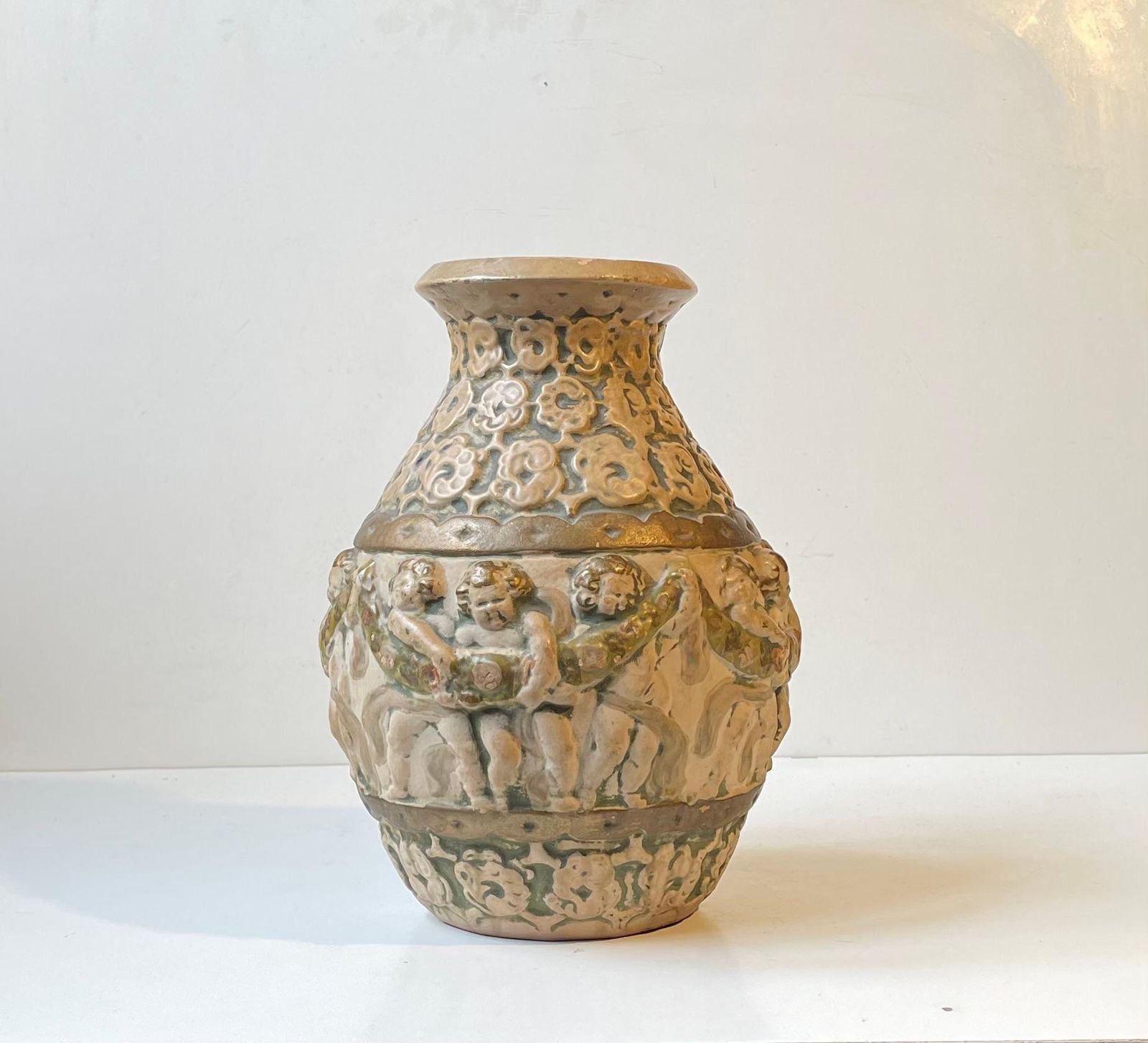 Antique Hand Painted Pottery Vase W. Putti's   Renaissance Revival In Style photo Home Decor