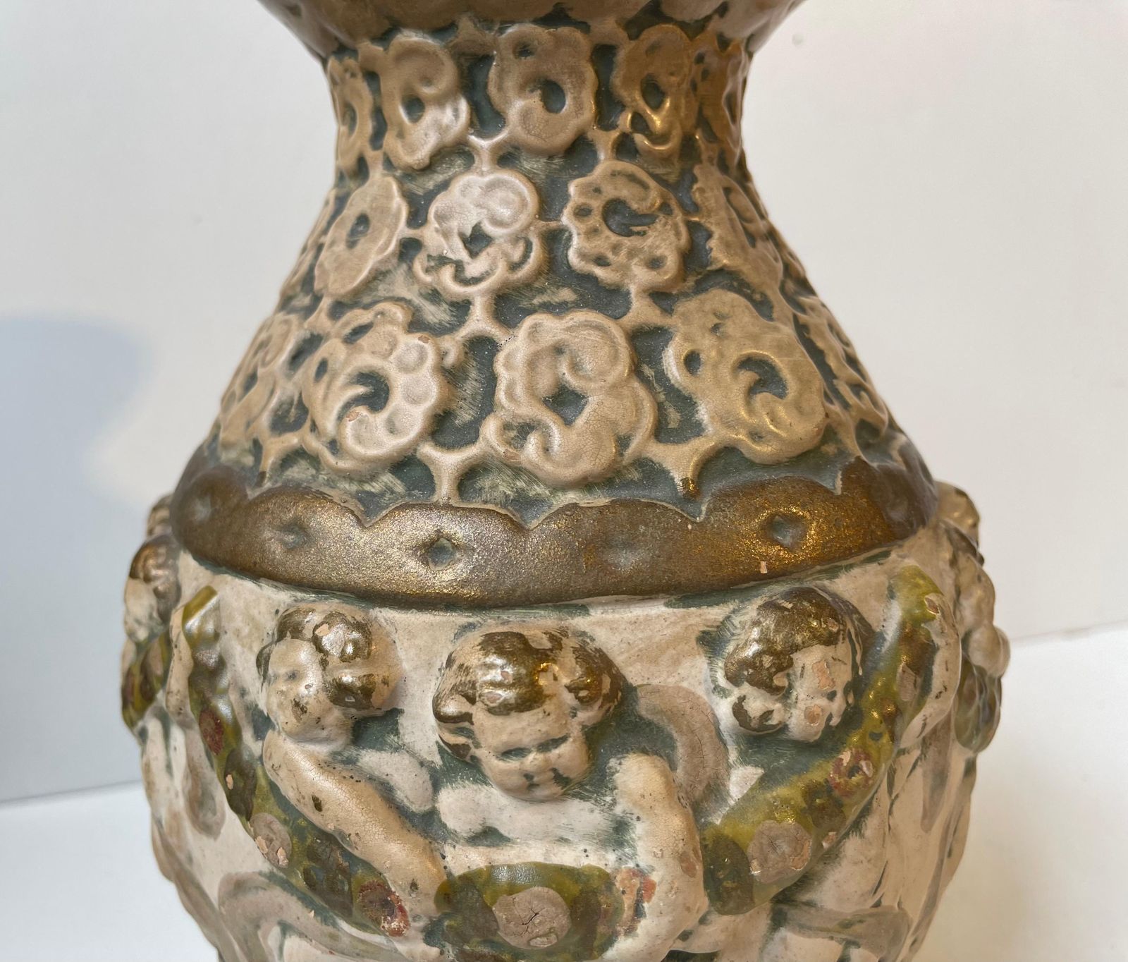 Antique Hand Painted Pottery Vase W. Putti's   Renaissance Revival In Style photo vintage