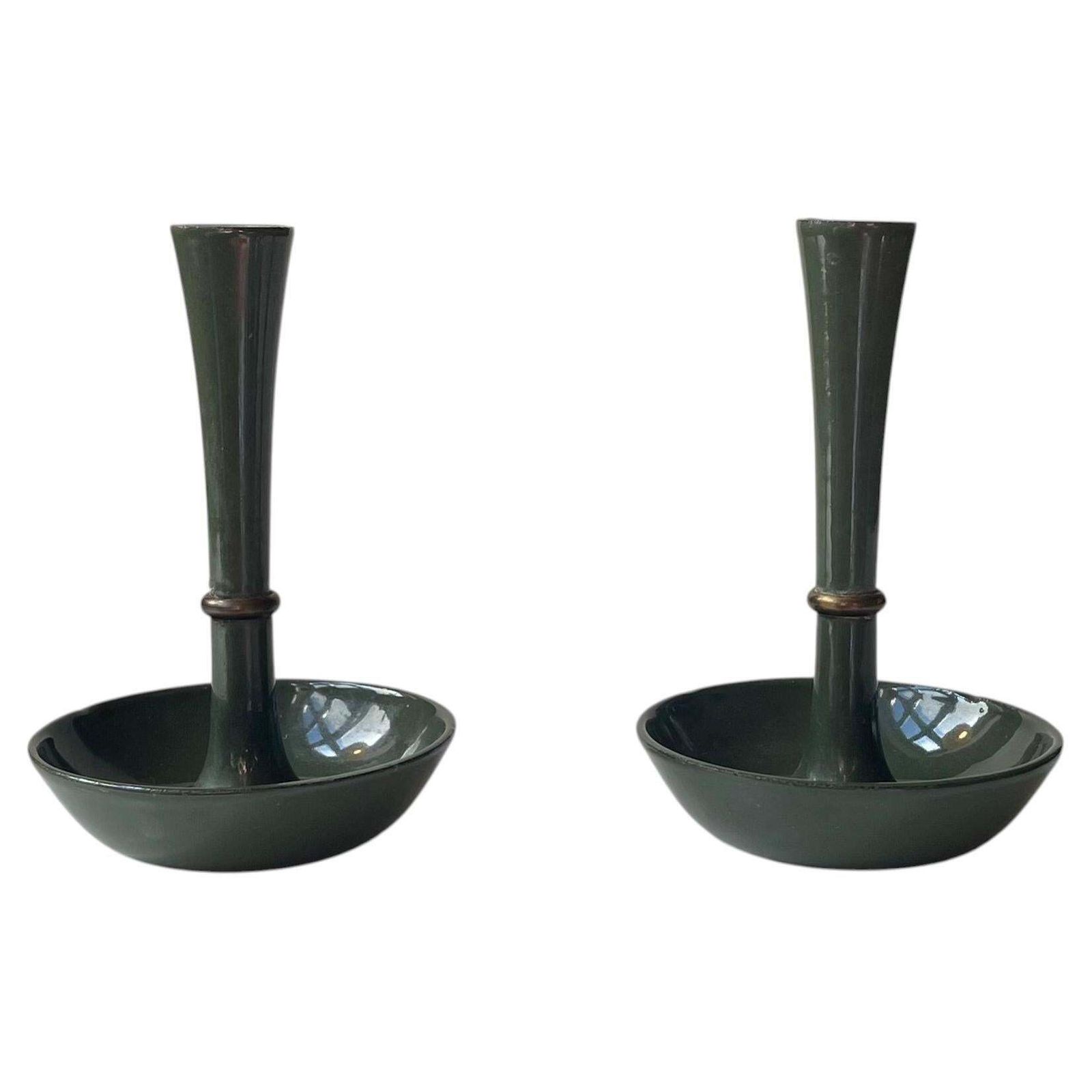 Ens Harald Quistgaard Candleholders In Green Enamel, Brass & Cast Iron, 1960s