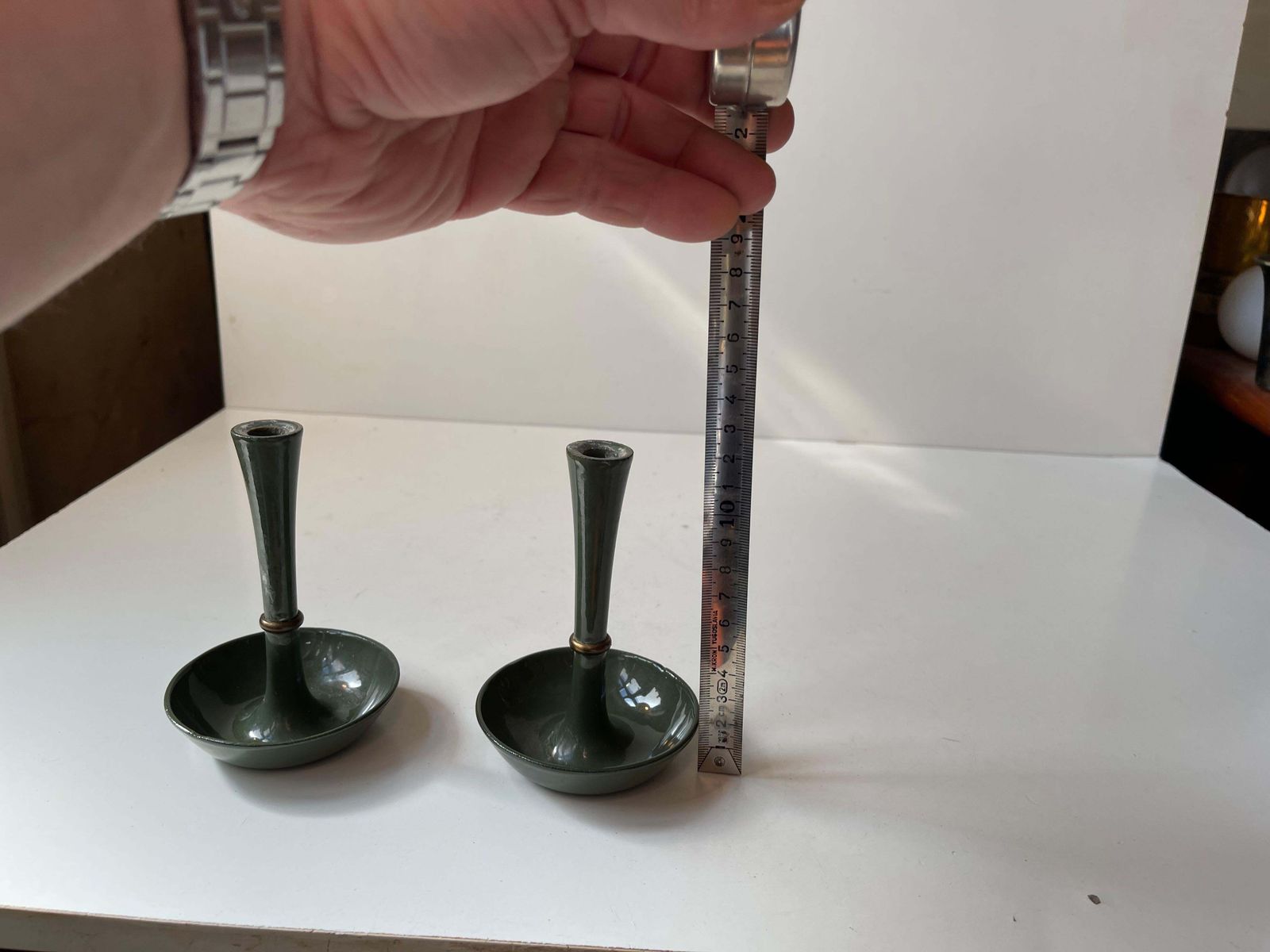 Ens Harald Quistgaard Candleholders In Green Enamel, Brass & Cast Iron, 1960s photo vintage