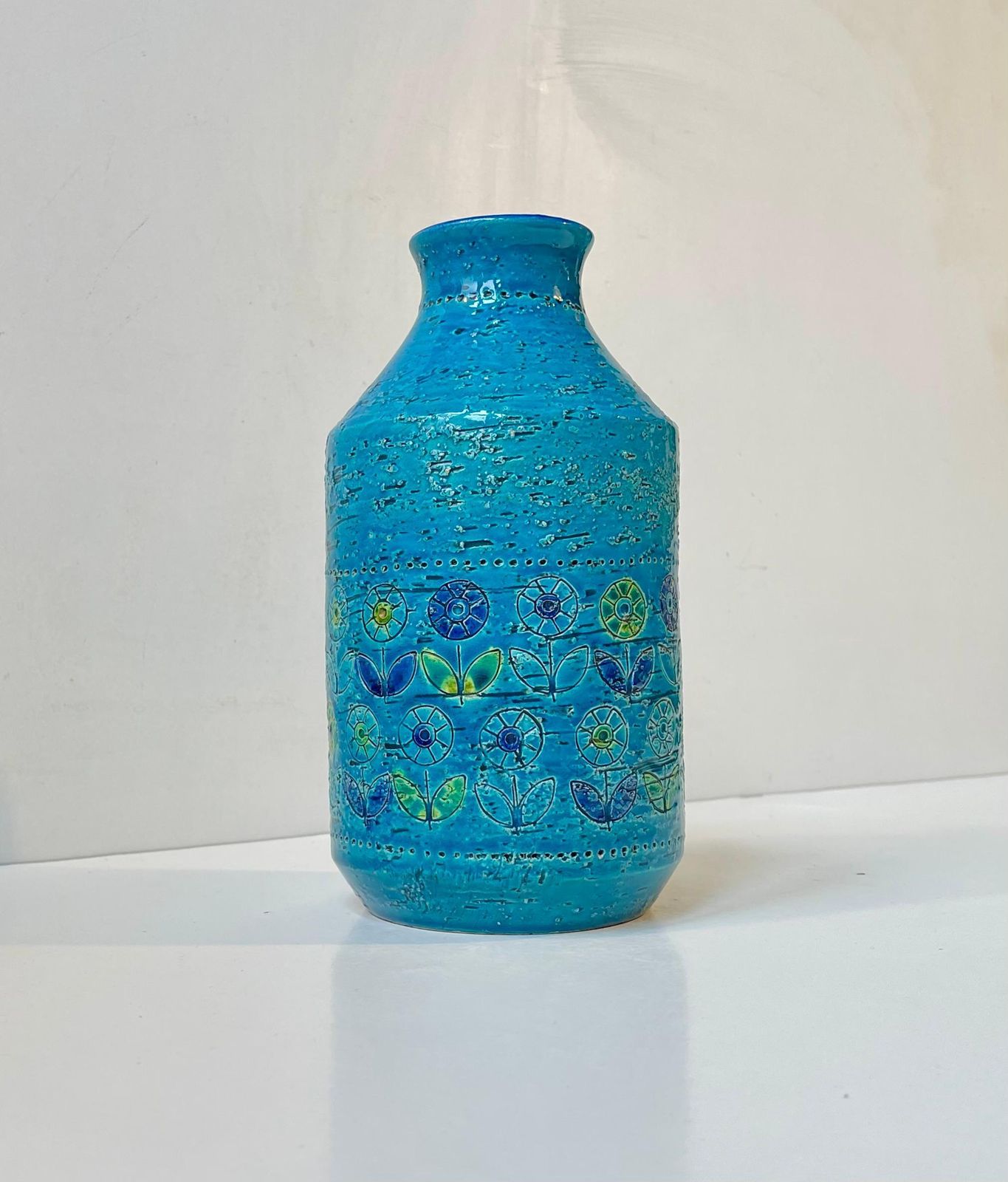 Italian Modern Turquoise Stoneware Vase W.Sunflowers By Aldo Londi For Bitossi photo vintage