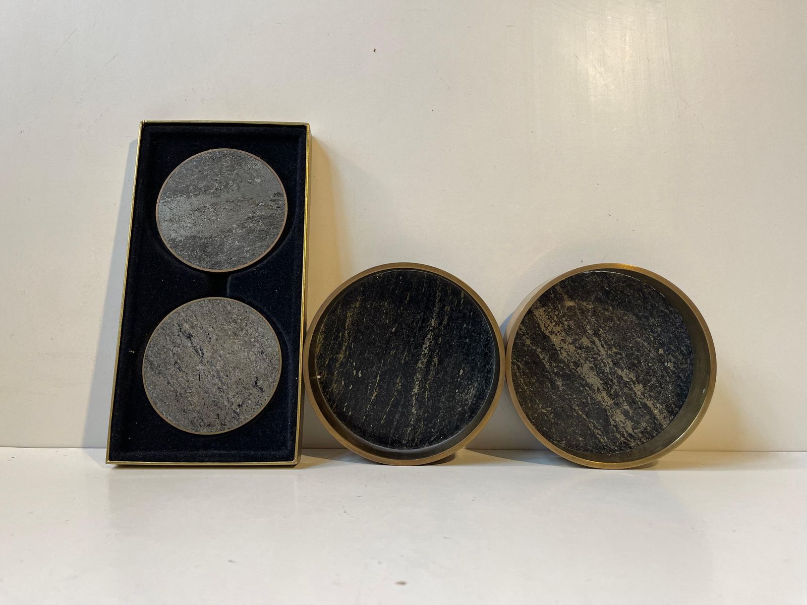 Mid Century Natural Stone And Brass Wine & Drink Coasters By Saulo Norway, 1960s photo furniture
