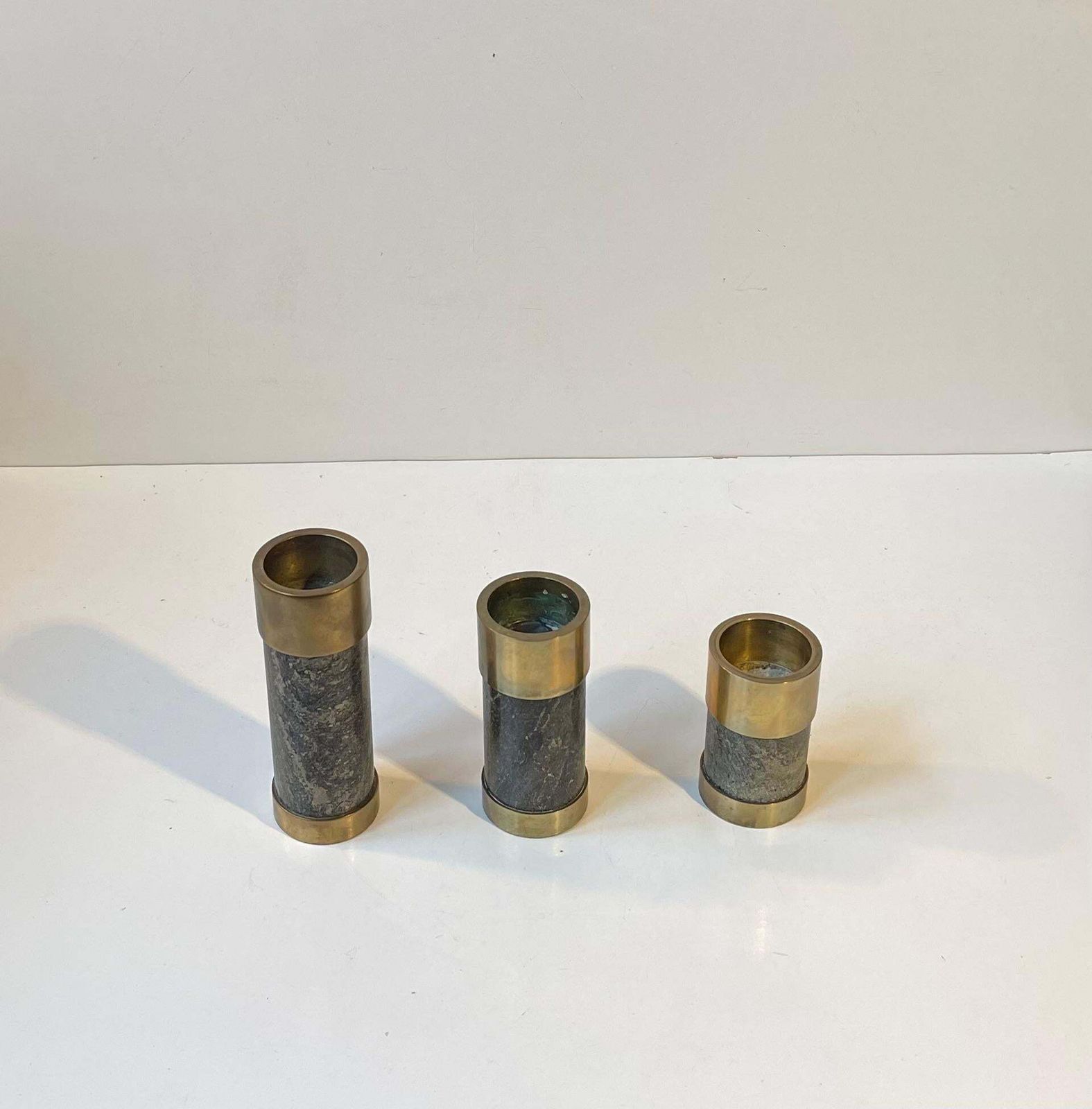 Mid Century Natural Stone And Brass Candleholders By Saulo Norway, 1960s photo 585.0