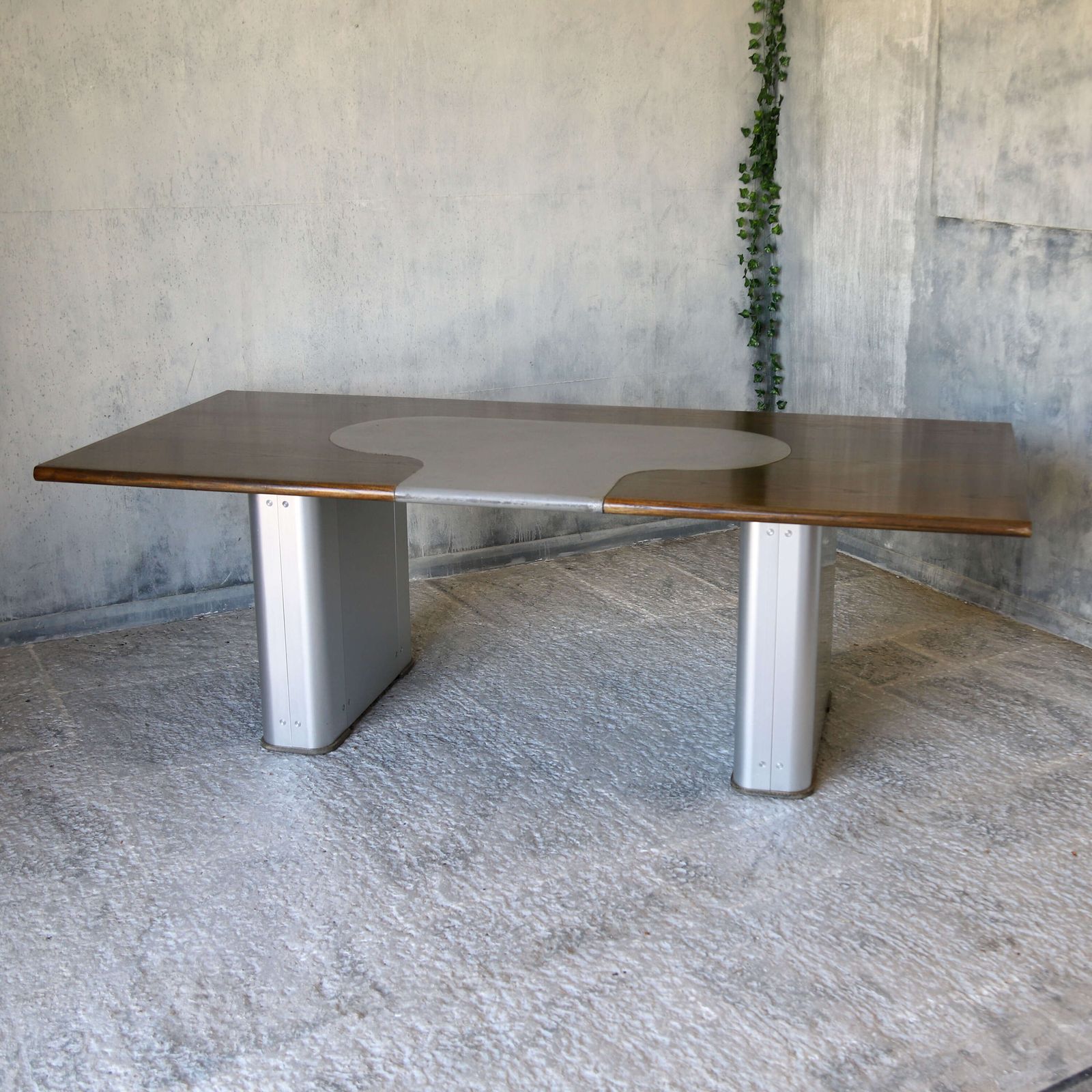 Large Industrial Desk   Aged Oak Top, Grey Leather & Aviation Style Pedestals C.1970s 80s photo furniture