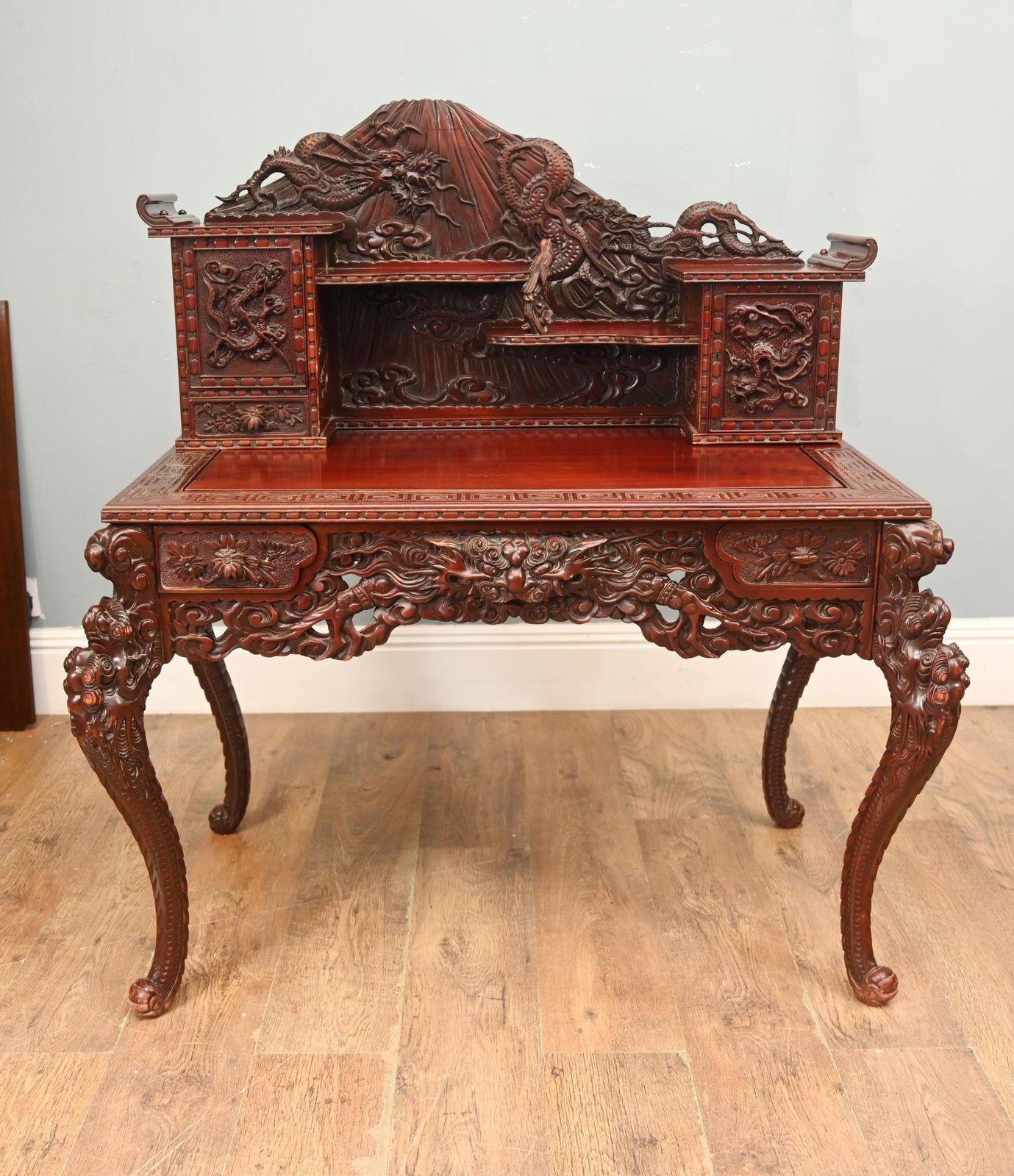 Japanese Carved Desk Hardwood Bureau Meije
