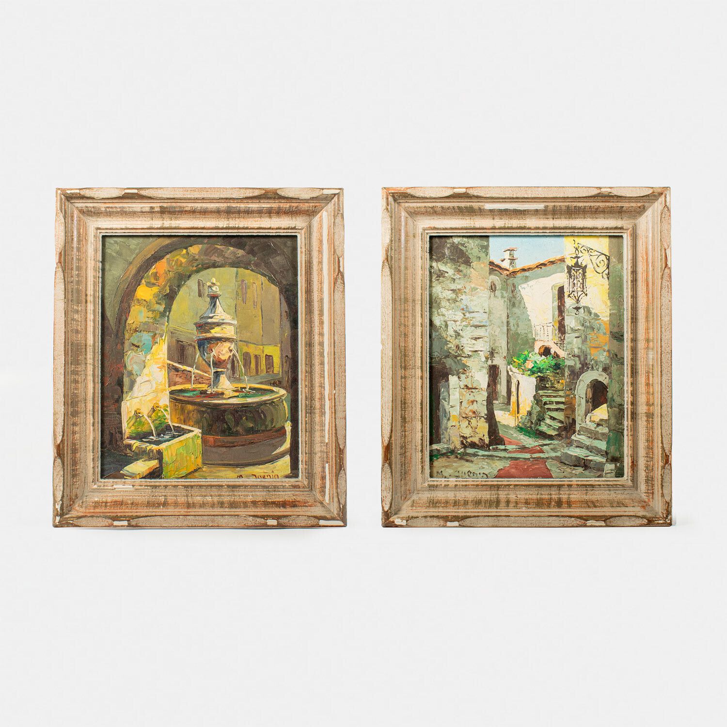 École française : paire de tableaux de paysages urbains de M. Juenin