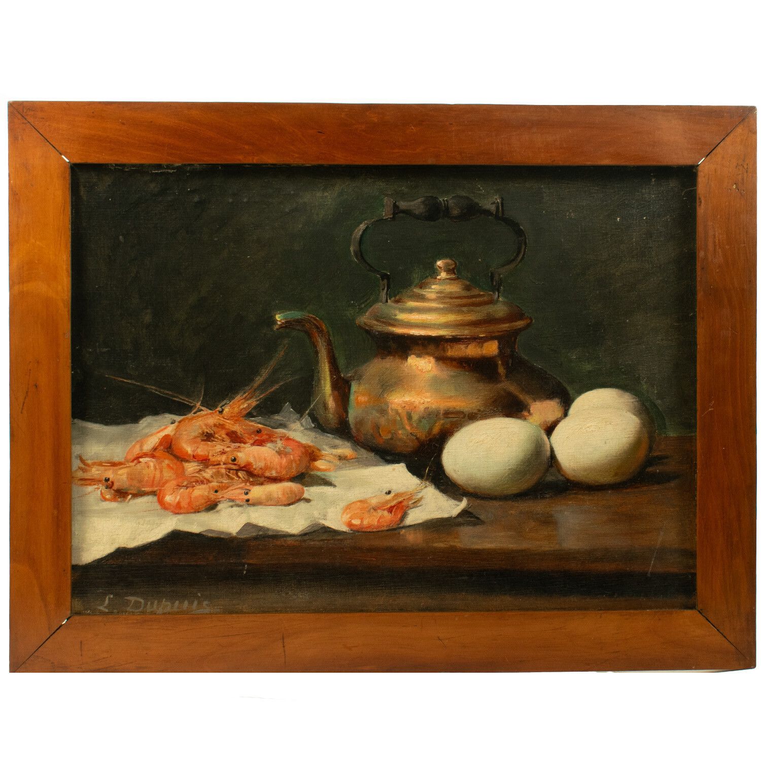 « Composition with Shrimps & Eggs » - L. Dupuis, huile sur panneau, XIXe siècle