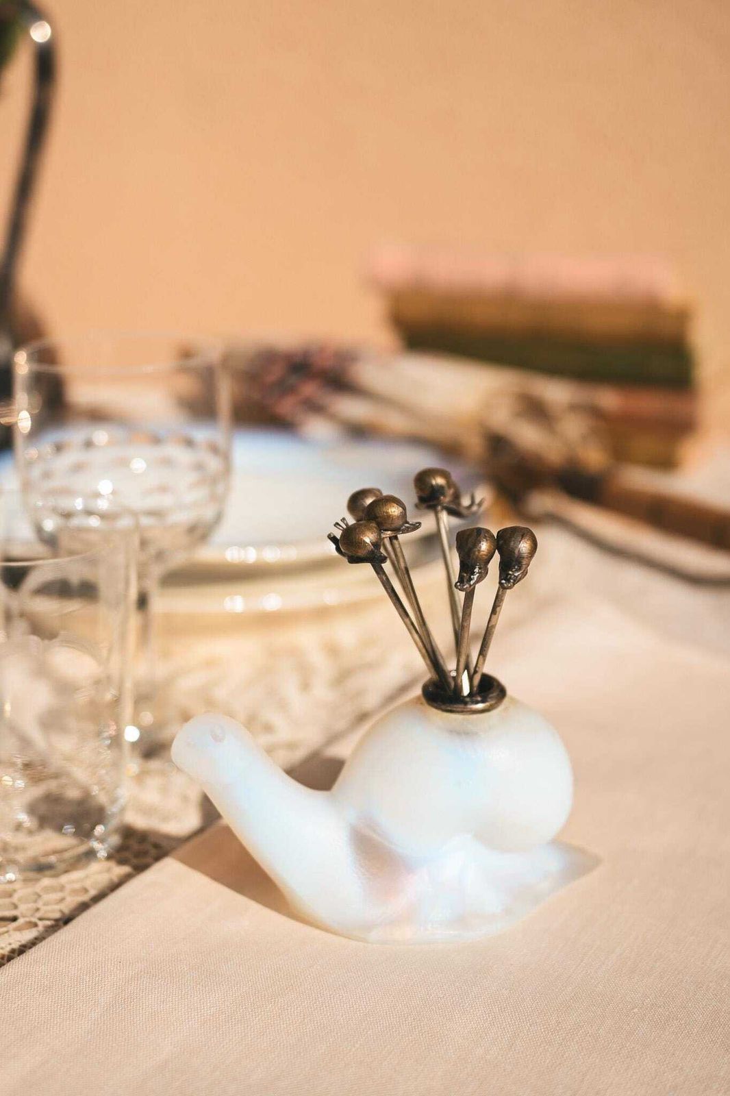Art Deco Opalescent Glass Snail Cocktail Pick Holder | 7 Snail Picks | Sabino Style | French 1920s 30s