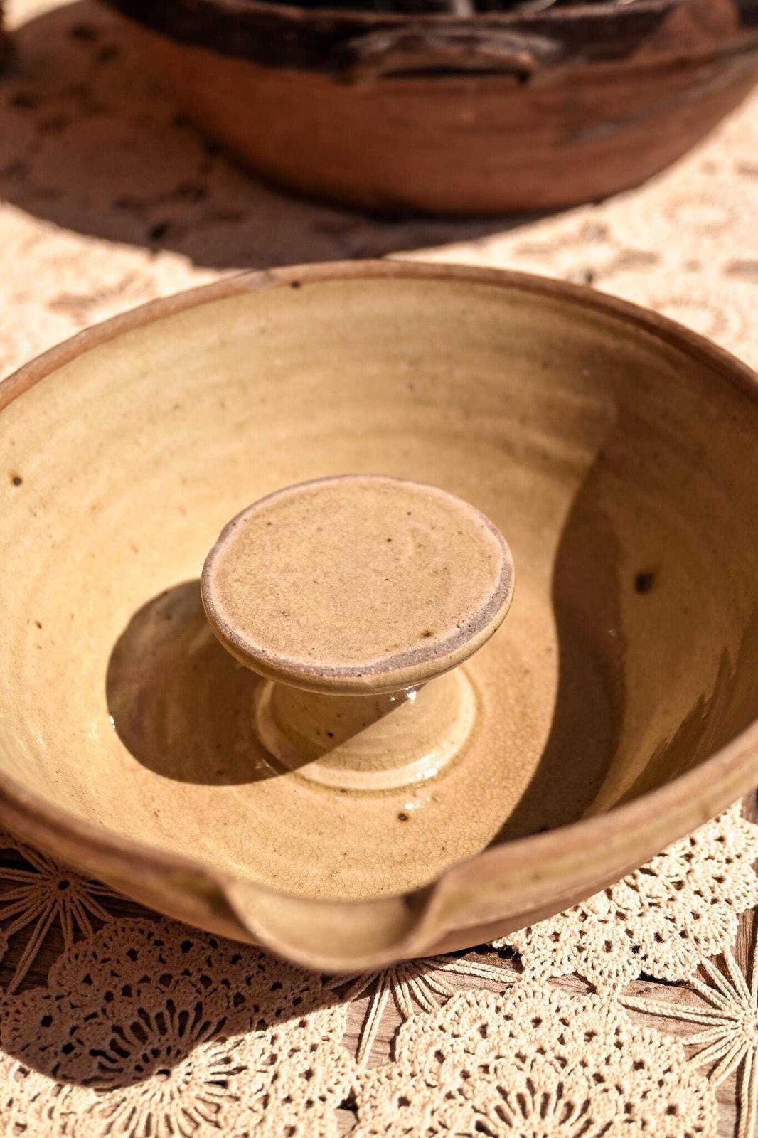 Antique French Stoneware Cheese Strainer Faisselle Glazed Ceramic Farmhouse Dairy Vessel 26cm
