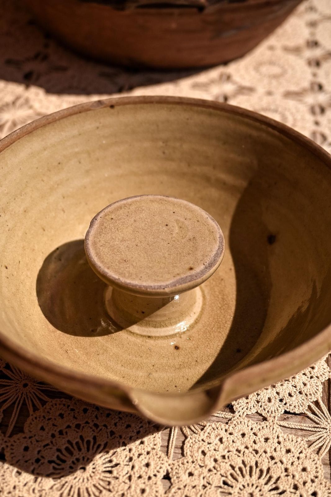 photo furniture Antique French Stoneware Cheese Strainer Faisselle Glazed Ceramic Farmhouse Dairy Vessel 26cm