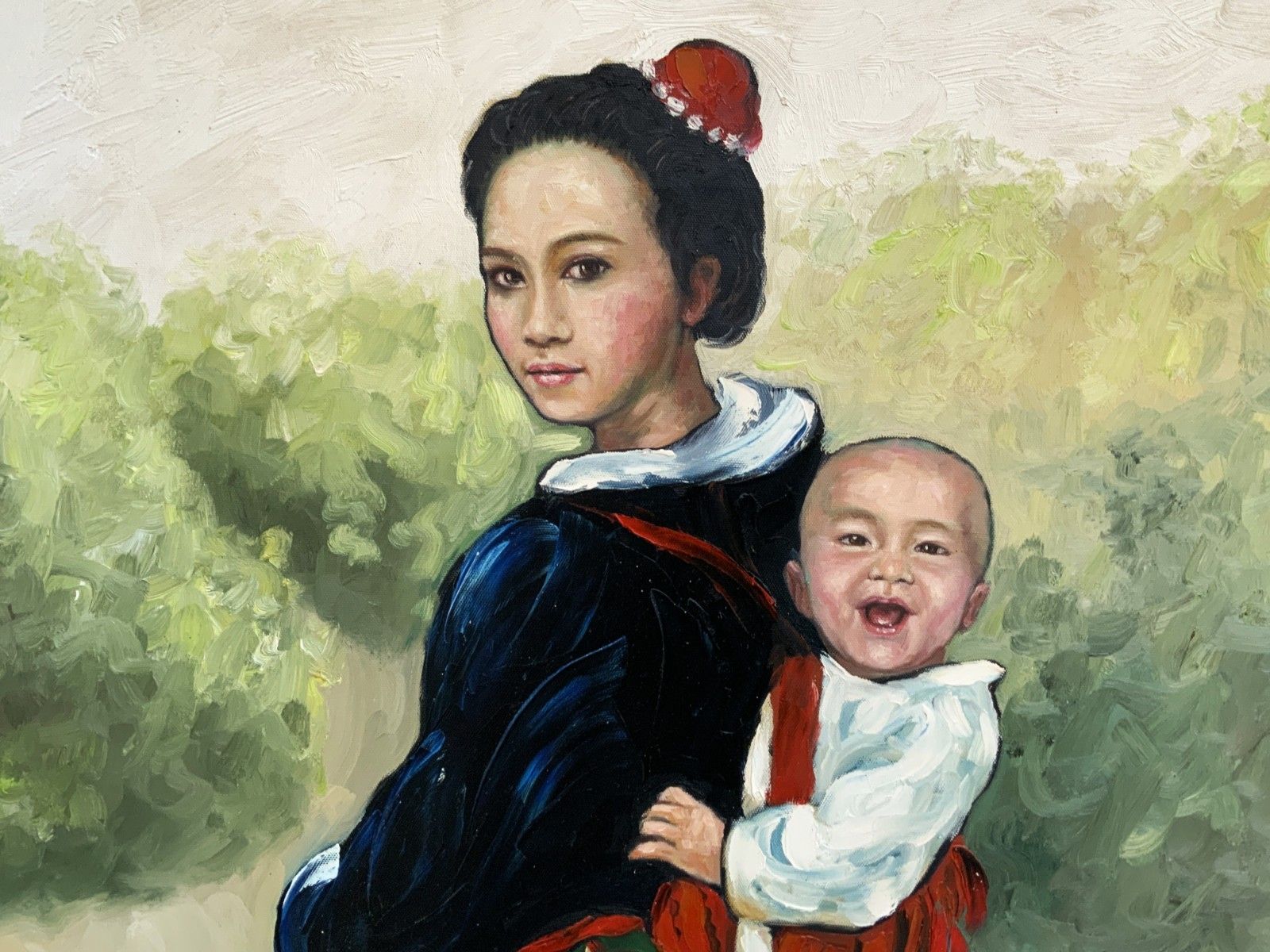 Large Signed Original Contemporary Asian Oil Portrait Painting (1 Of 2) photo vintage