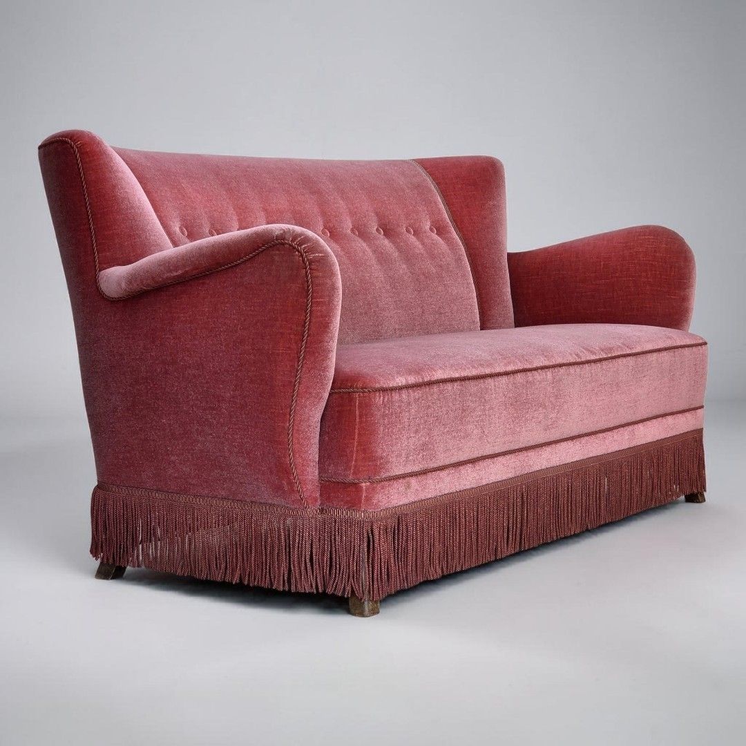 1970s, Danish 2 Seater Sofa, Salmon Pink Furniture Velour, Oak Wood.