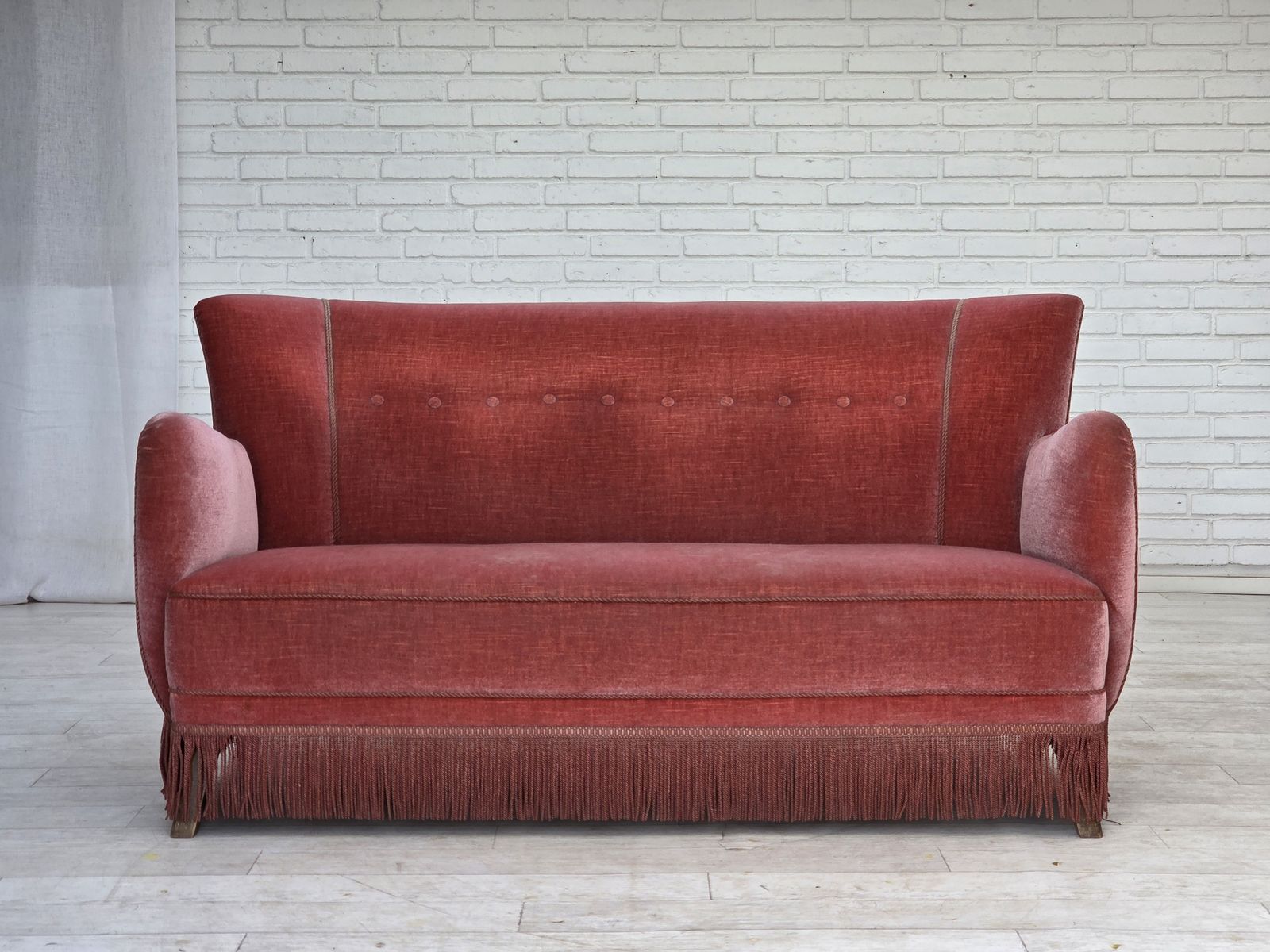 1970s, Danish 2 Seater Sofa, Salmon Pink Furniture Velour, Oak Wood. photo furniture