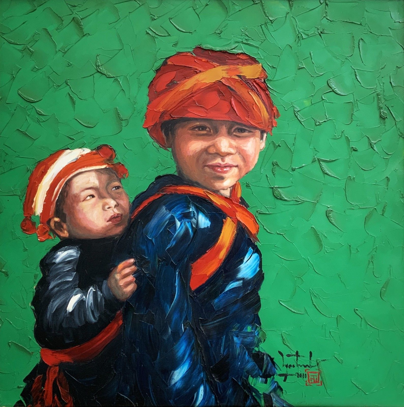 Large Signed Original Contemporary Asian Impasto Oil Portrait Painting (2 Of 2) photo for sale
