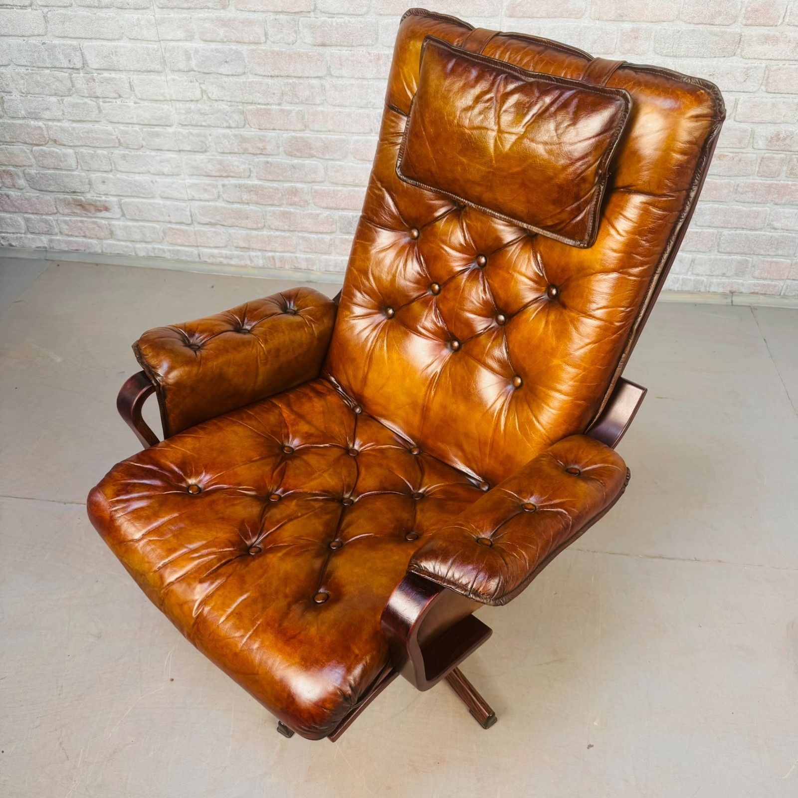 Vintage Scandinavian Tan Leather Swivel Chair photo Furniture