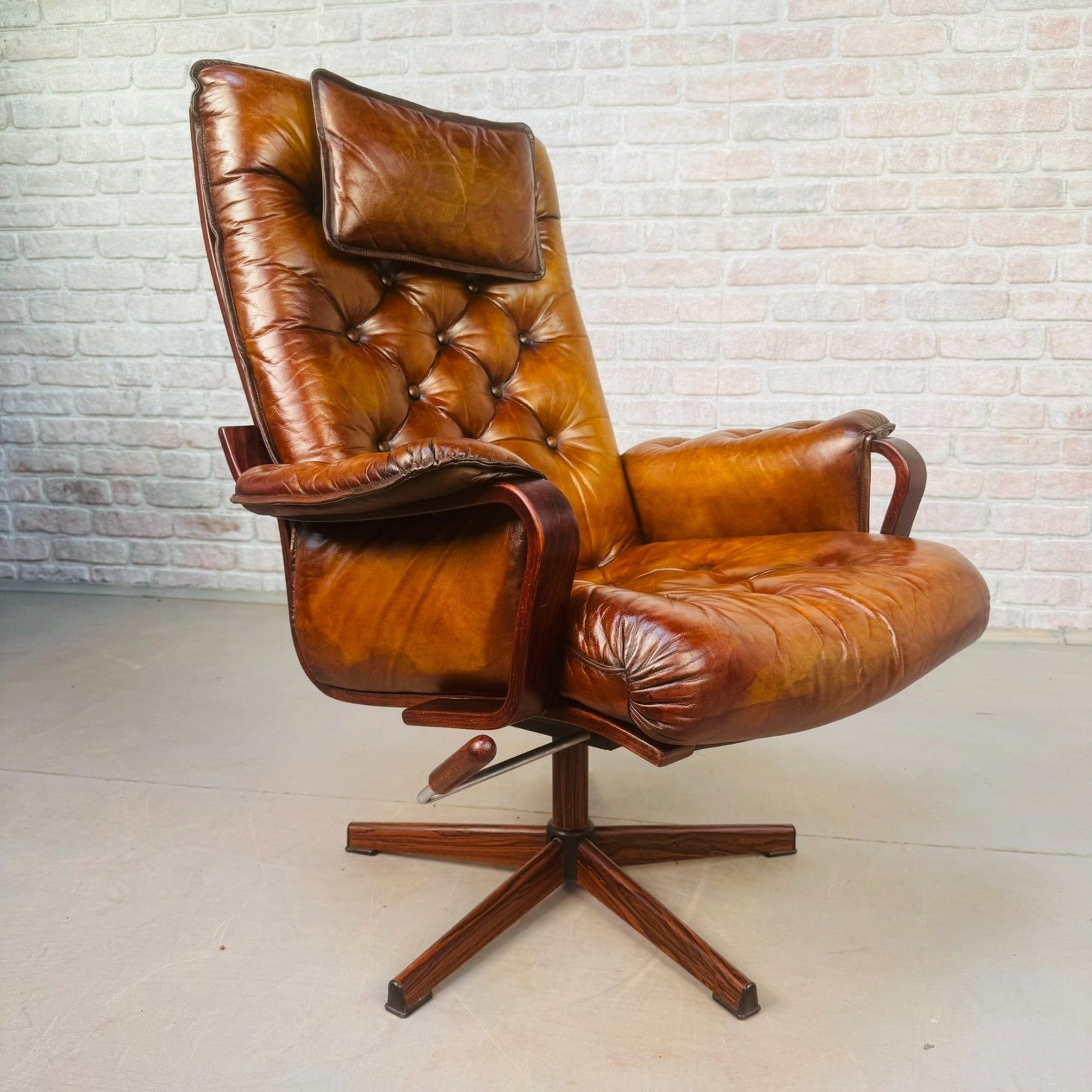 Vintage Scandinavian Tan Leather Swivel Chair photo vintage