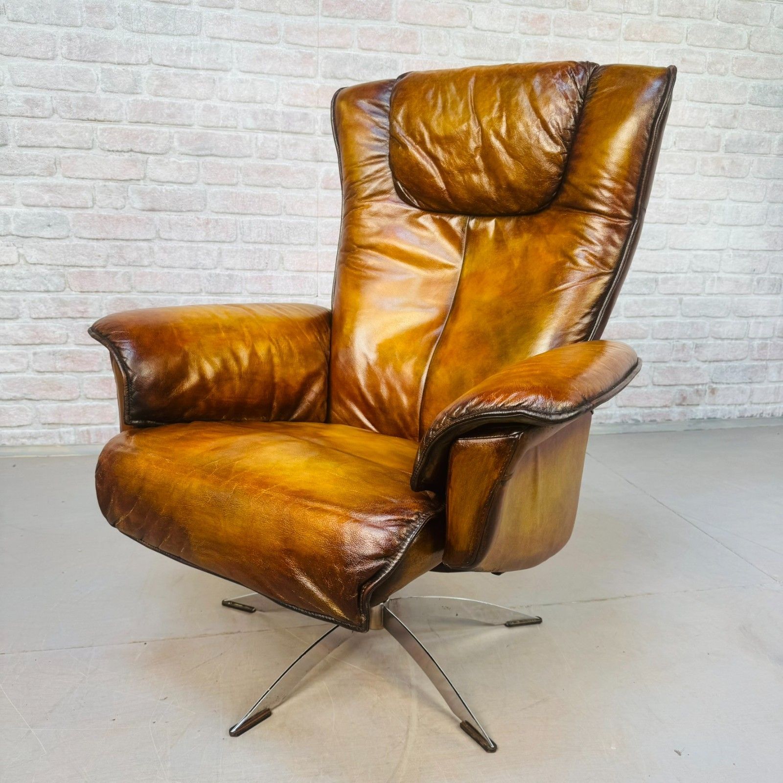 Furniture Vintage Danish Hort Knudsen Tan Leather Swivel Reclining Chair photo
