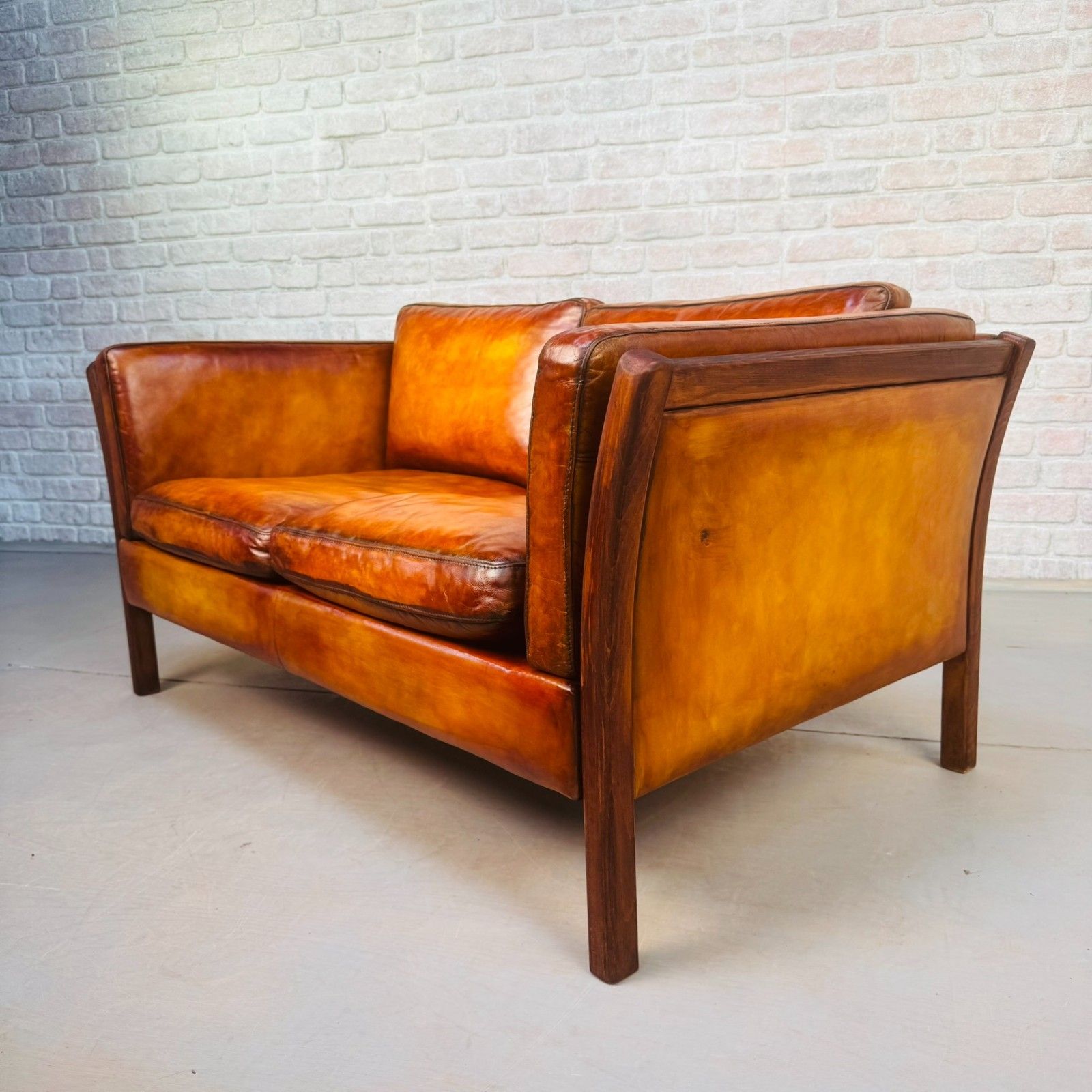 Vintage Danish Stouby Tan Leather Two Seater Sofa photo Furniture