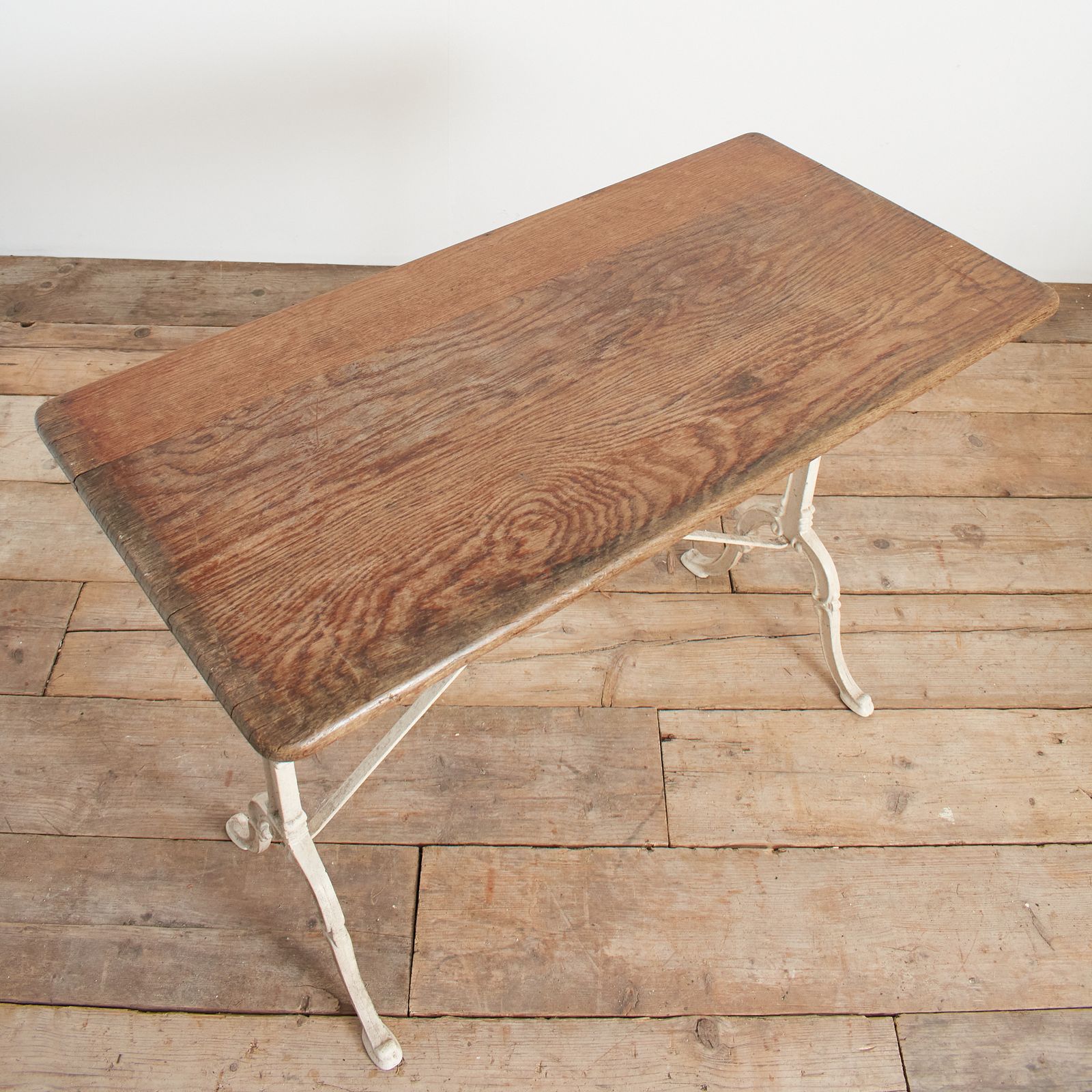 Antique French Wrought Iron Garden Bistro Table Wooden Top photo for sale