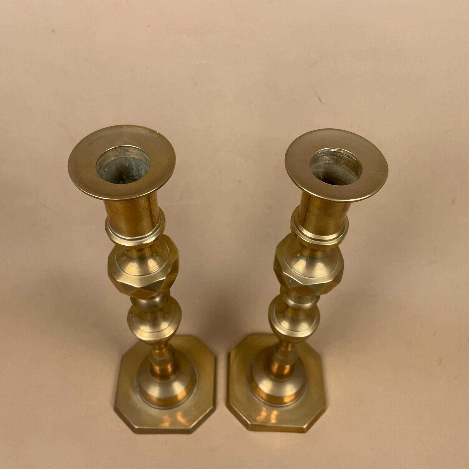Antique Matching Pair Of Gold Brass Metal Candlestick Candle Stick Holders Vintage Column Taper Dinner Candlesticks Base Pillar Holder photo buy