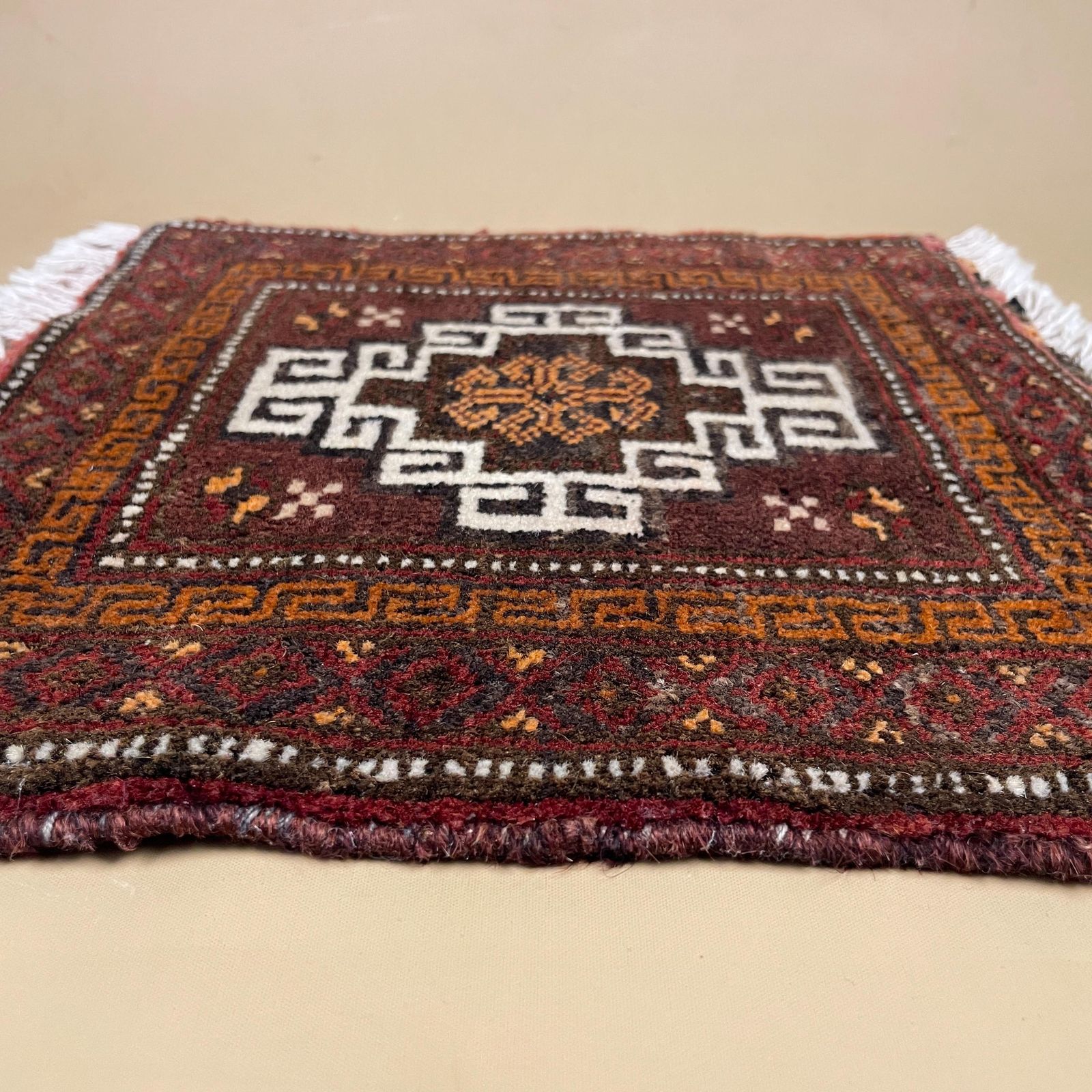 Antique Woven Rug Carpet Placemat Mat Handmade Rectangle Wool Vintage Textile Patterned Pattern 36x35cm Old Small Tassels Mini Coaster Brown photo vinterior