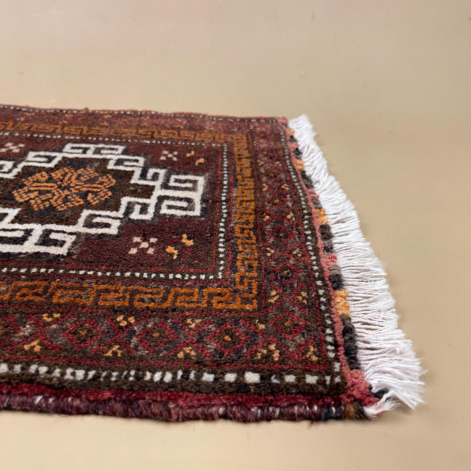 Antique Woven Rug Carpet Placemat Mat Handmade Rectangle Wool Vintage Textile Patterned Pattern 36x35cm Old Small Tassels Mini Coaster Brown photo buy