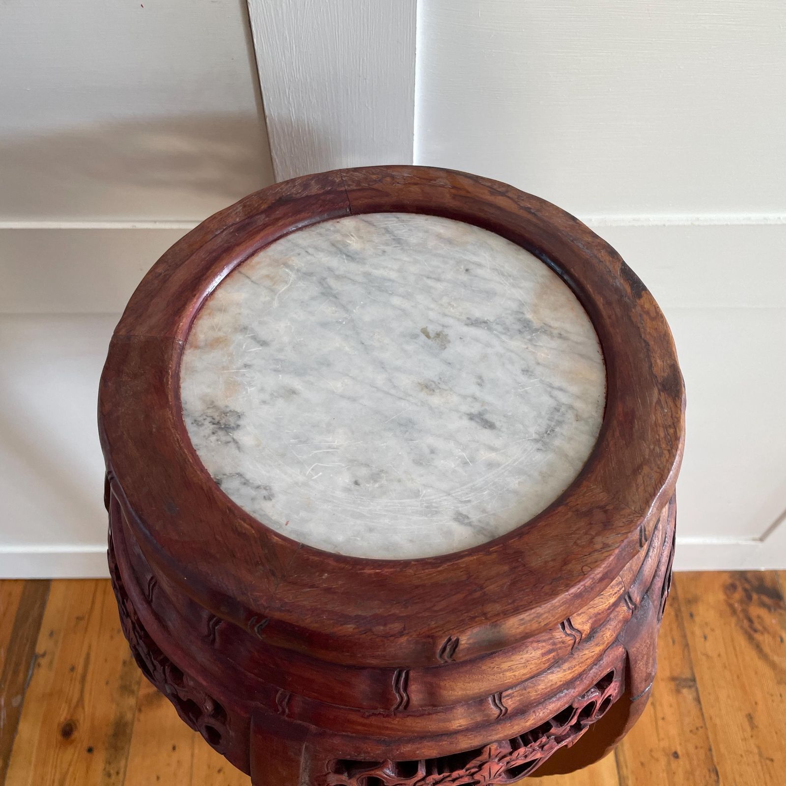 Antique Oriental Plant Stand Table Carved Wooden Marble Top Chinese Sculpture Carved Display Floral Carving Round Accent Lamp Side Pedestal photo buy