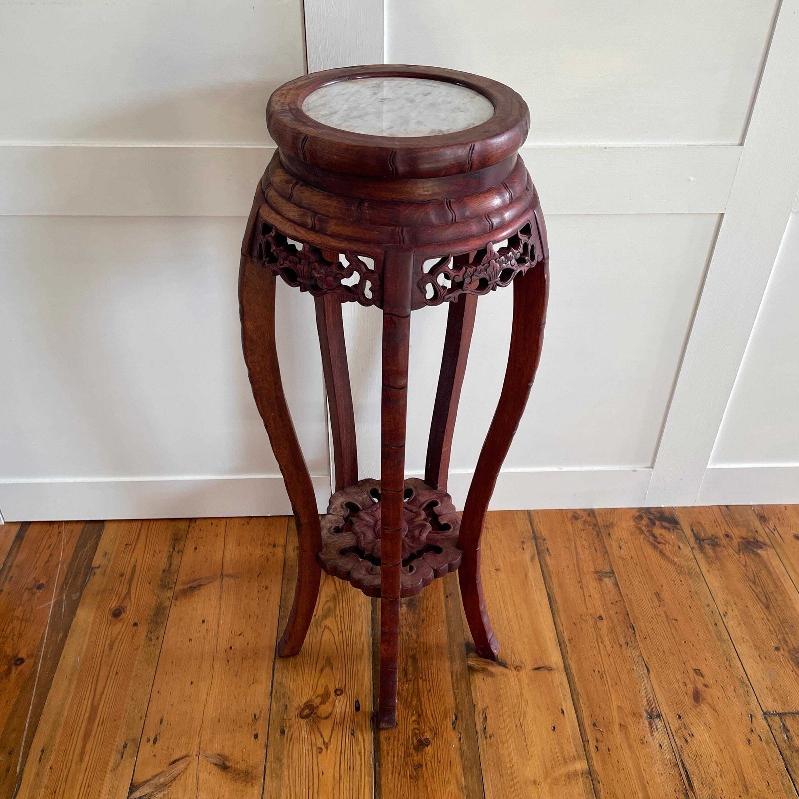 Home Decor Antique Oriental Plant Stand Table Carved Wooden Marble Top Chinese Sculpture Carved Display Floral Carving Round Accent Lamp Side Pedestal photo