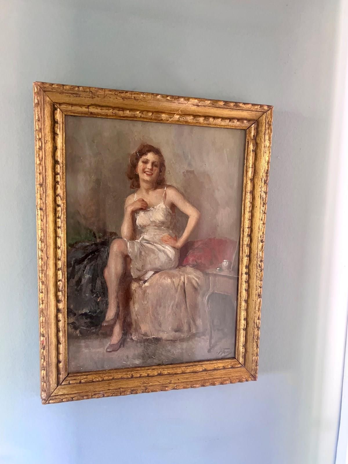 Original Italian Oil Painting Portrait Of A Woman – Attilio Toro (1892–1982) photo furniture