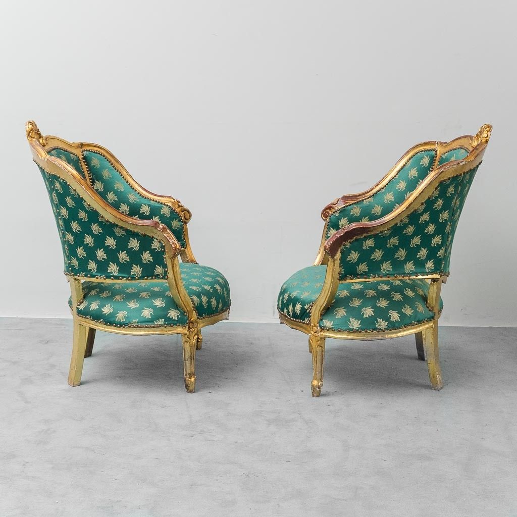 Pair Of Louis XV Style Armchairs In Gold With Vintage Green Fabric photo 477.0