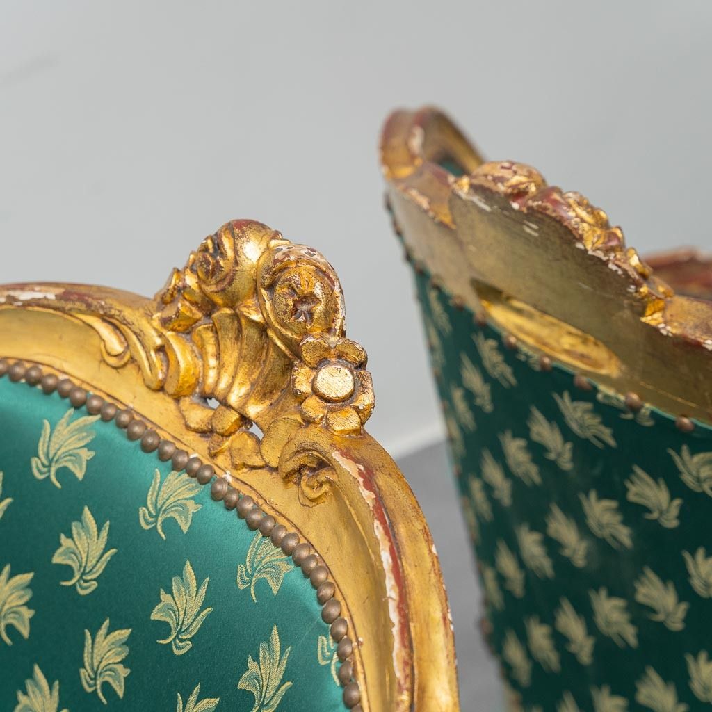 Pair Of Louis XV Style Armchairs In Gold With Vintage Green Fabric photo buy