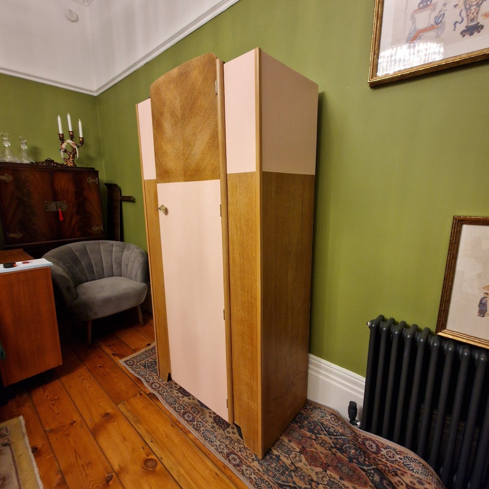 Upcycled Mid Century Wardrobe | Oak Veneer & Blush Panels | Vintage Lock & Key photo Furniture