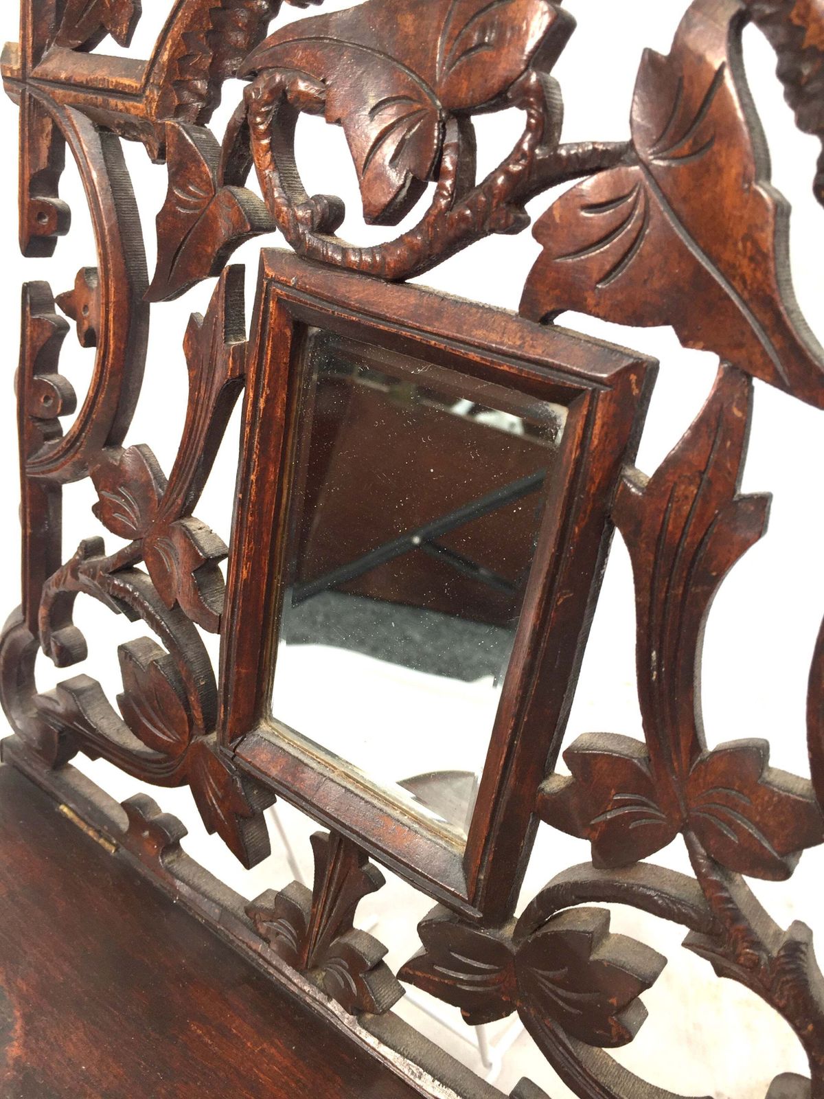 Antique Wall Hanging Carved Black Forest Folding Shelf Mirror Art Nouveau C.1900 photo for sale