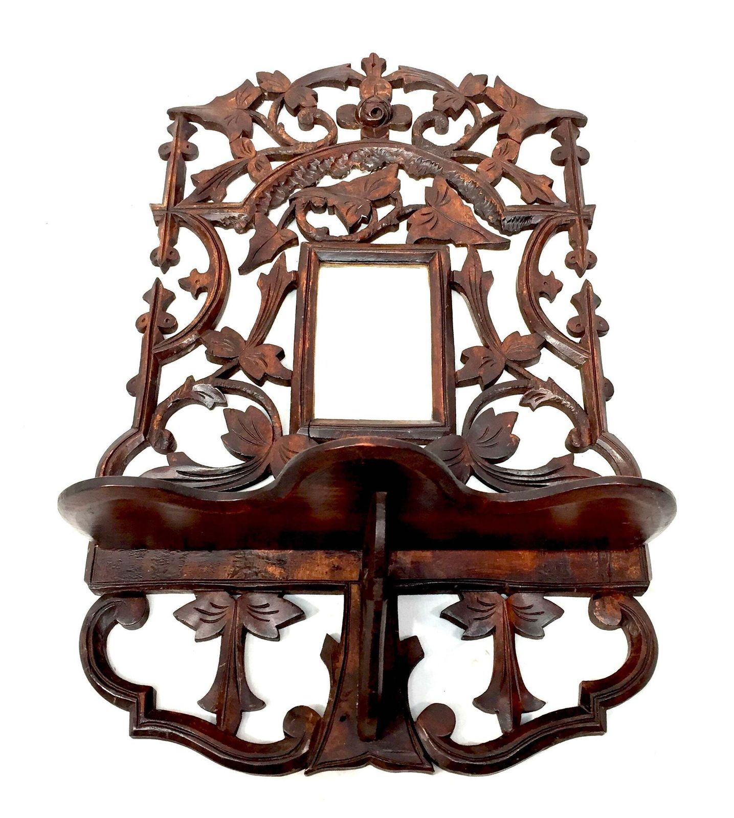 159.0 Antique Wall Hanging Carved Black Forest Folding Shelf Mirror Art Nouveau C.1900 photo