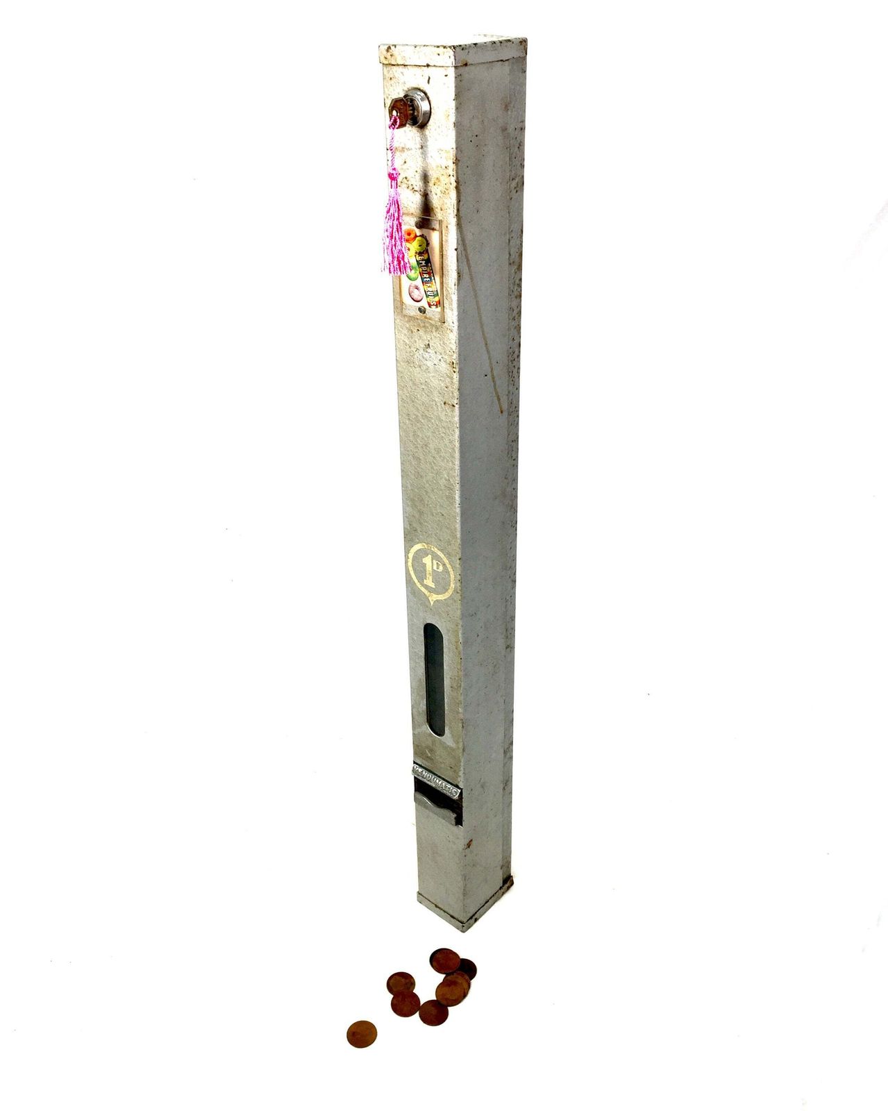 Antique Advertising   Old Penny Operated Metal Sweet Vending Machine Working Key