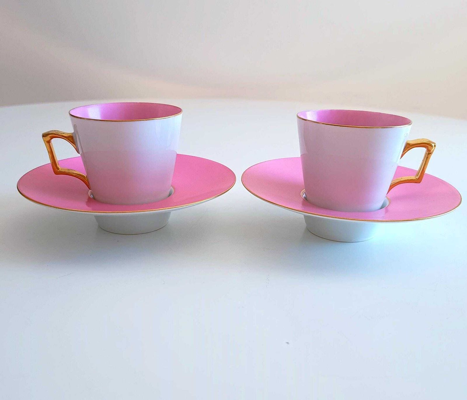 Vintage Trembleuse Tea Cups & Saucers: Rose Pompadour Pink Pair, Square Gilt Handles